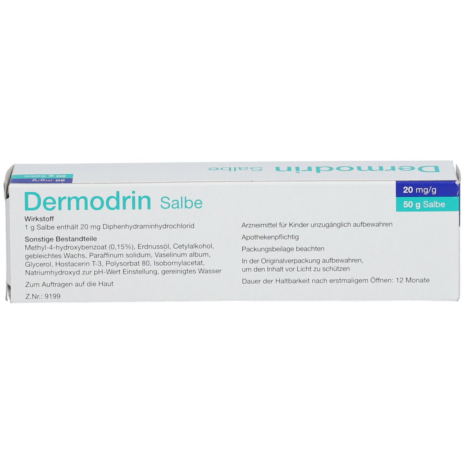 Weiße Schachtel mit "Dermodrin Salbe"-Aufdruck. Enthält 20 mg/g Salbe und 50 g Salbe. Produktinformationen.
