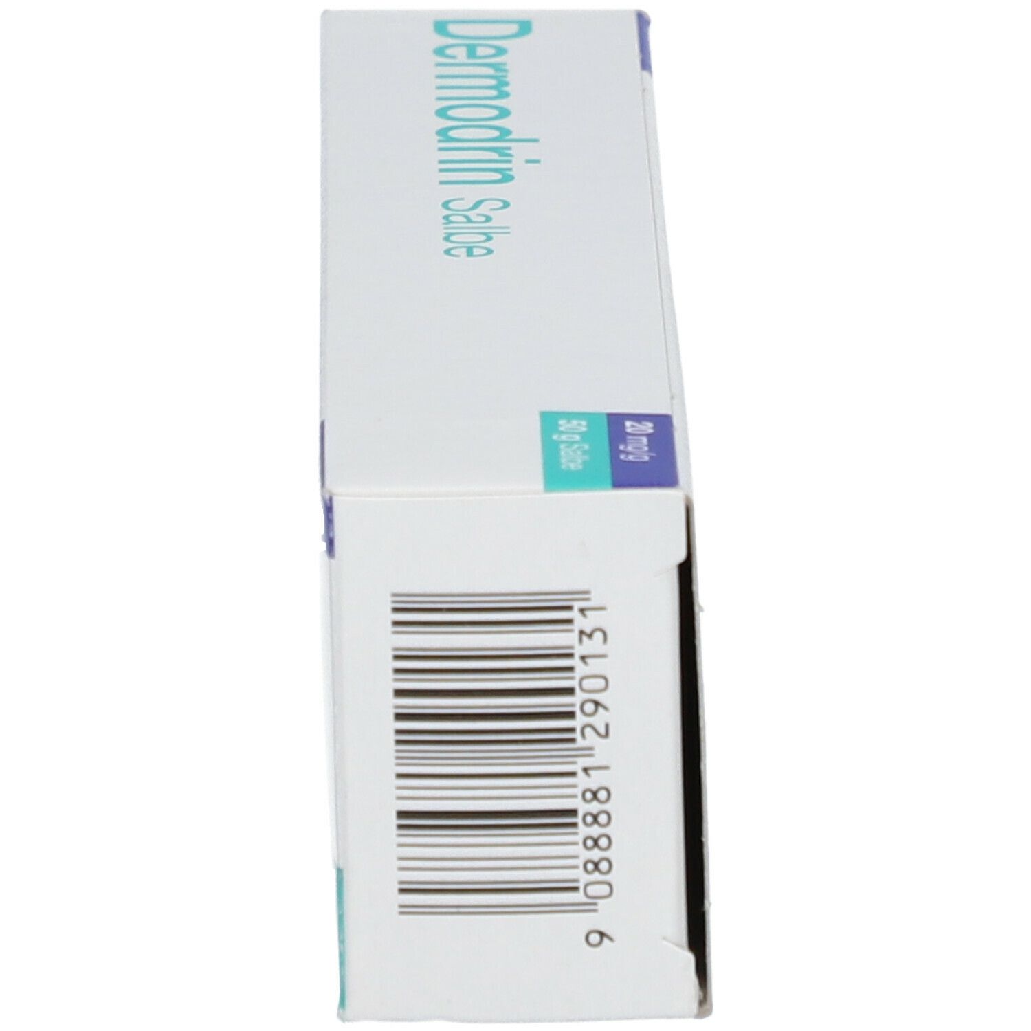 Seitenansicht einer weißen Schachtel mit Barcode und "Dermodrin Salbe"-Aufdruck.