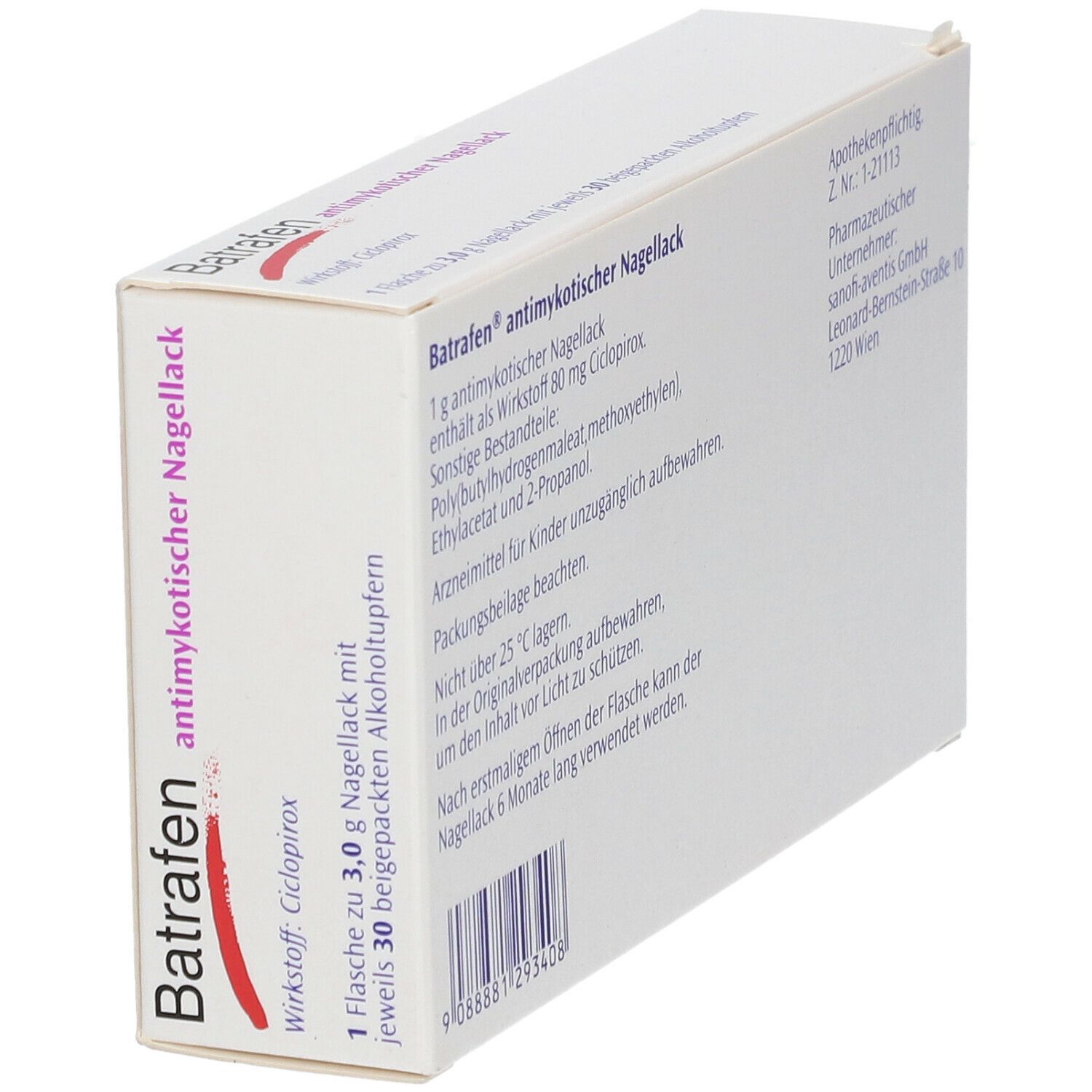 Schachtel Batrafen® antimykotischer Nagellack. Rückseite. Enthält Informationen zu Inhaltsstoffen und Hersteller.