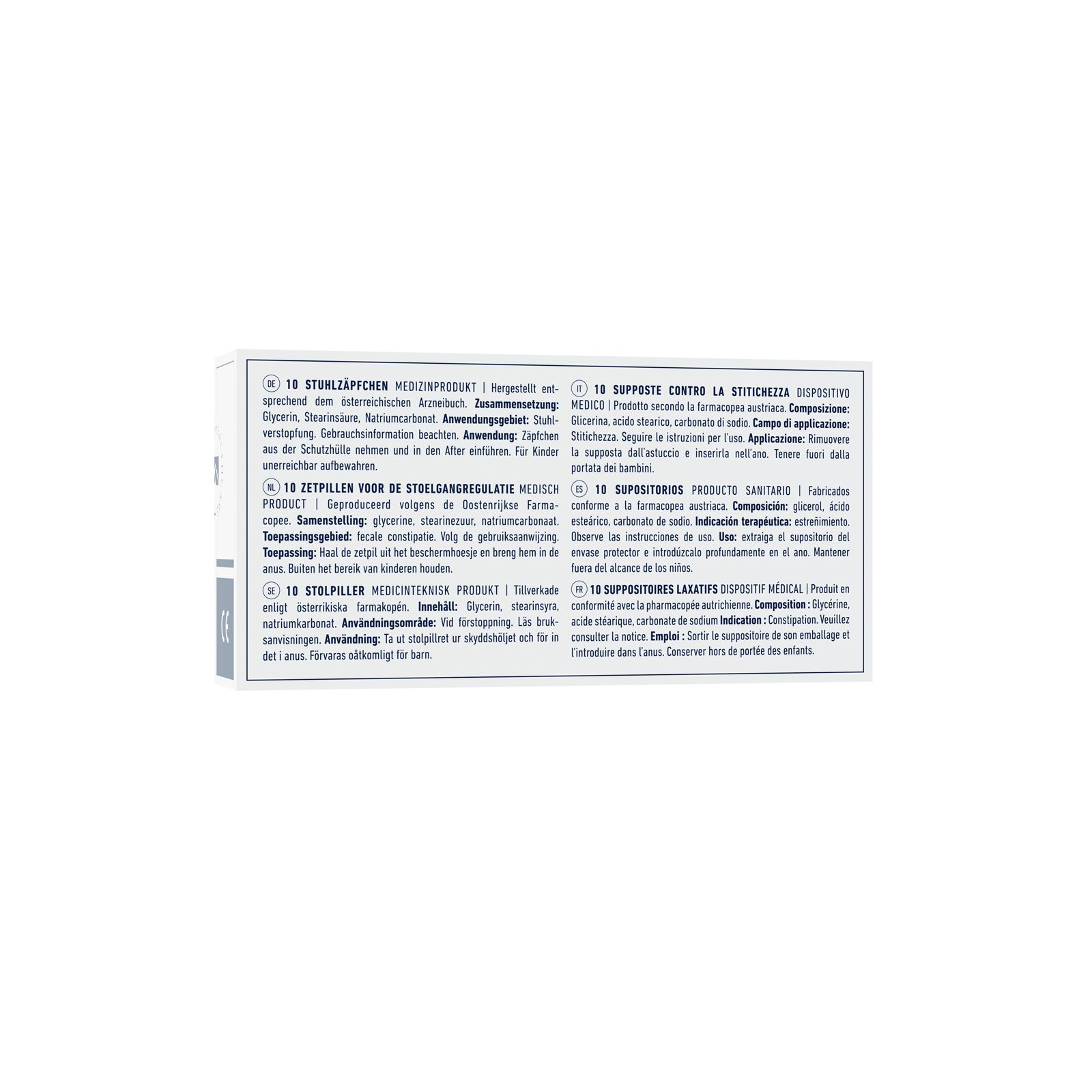 Rückseite der Schachtel. Mehrsprachige Texte. 10 Zäpfchen. Medizinprodukt. Inhaltsstoffe. Gebrauchsanweisung. CE-Kennzeichnung.