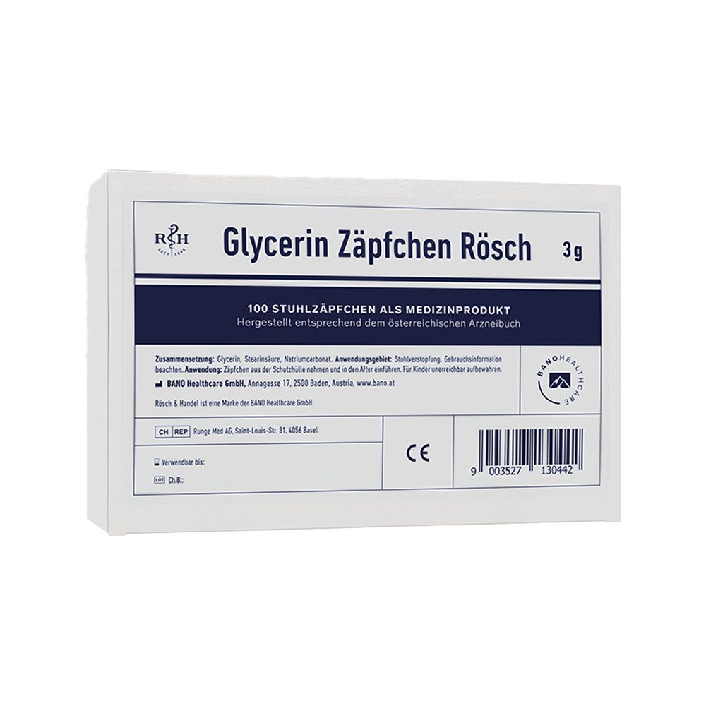 Weiße Schachtel mit blauer Beschriftung. Aufschrift: Glycerin Zäpfchen Rösch 3g. Enthält 100 Zäpfchen. CE-Kennzeichnung und Barcode.