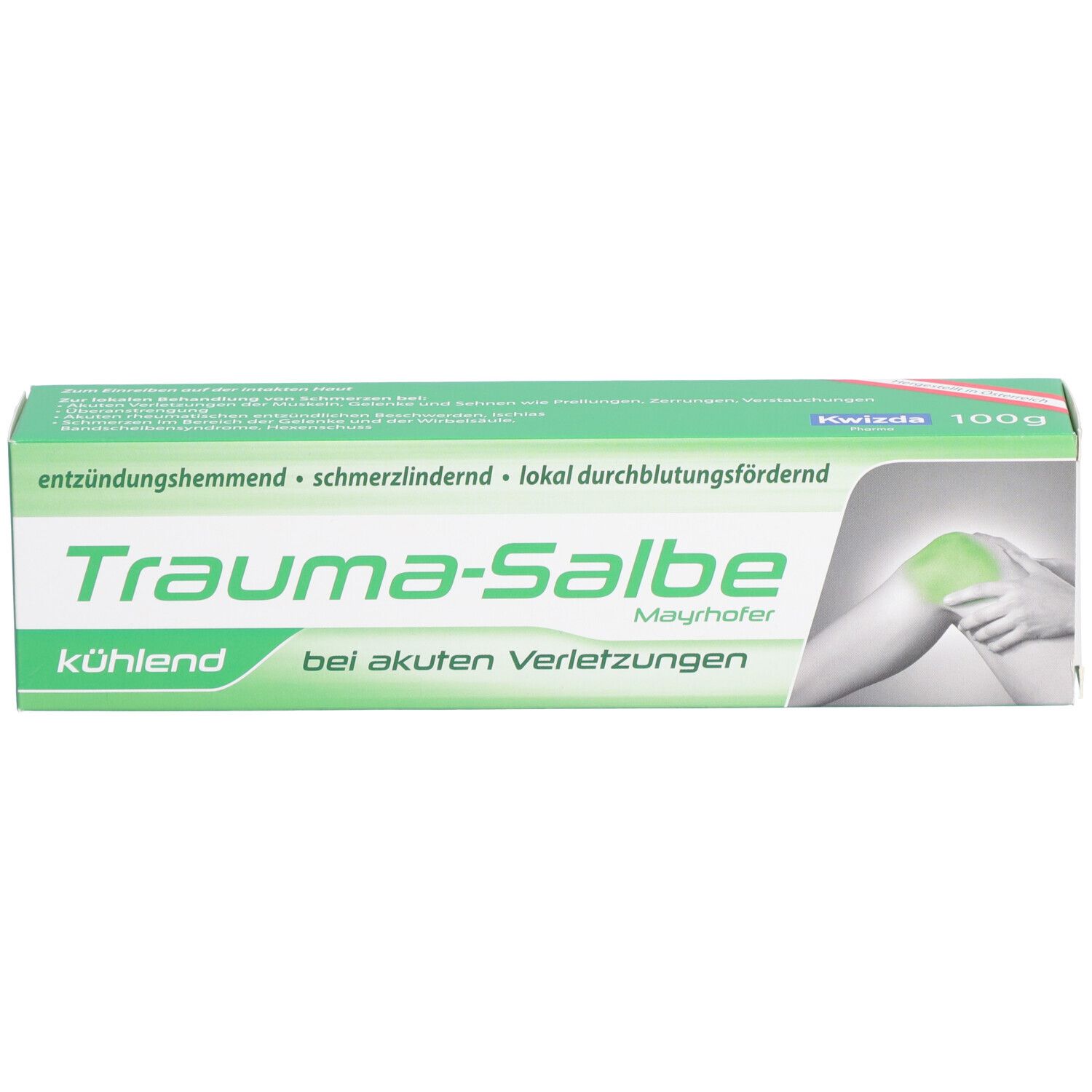 Packung Trauma-Salbe Mayrhofer. Grün-weißes Design. Aufschrift: Trauma-Salbe bei akuten Verletzungen. Abbildung eines Knies.