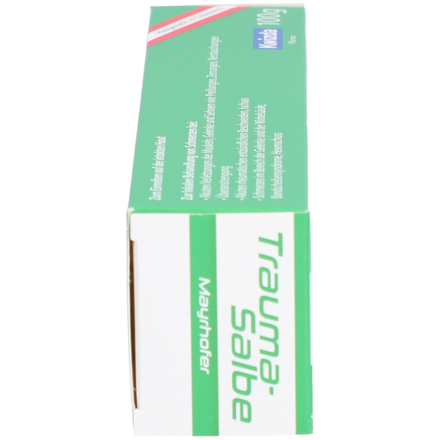 Seitenansicht der Packung Trauma-Salbe Mayrhofer. Grün-weißes Design. Aufschrift: Trauma-Salbe. Informationen zur Haltbarkeit.