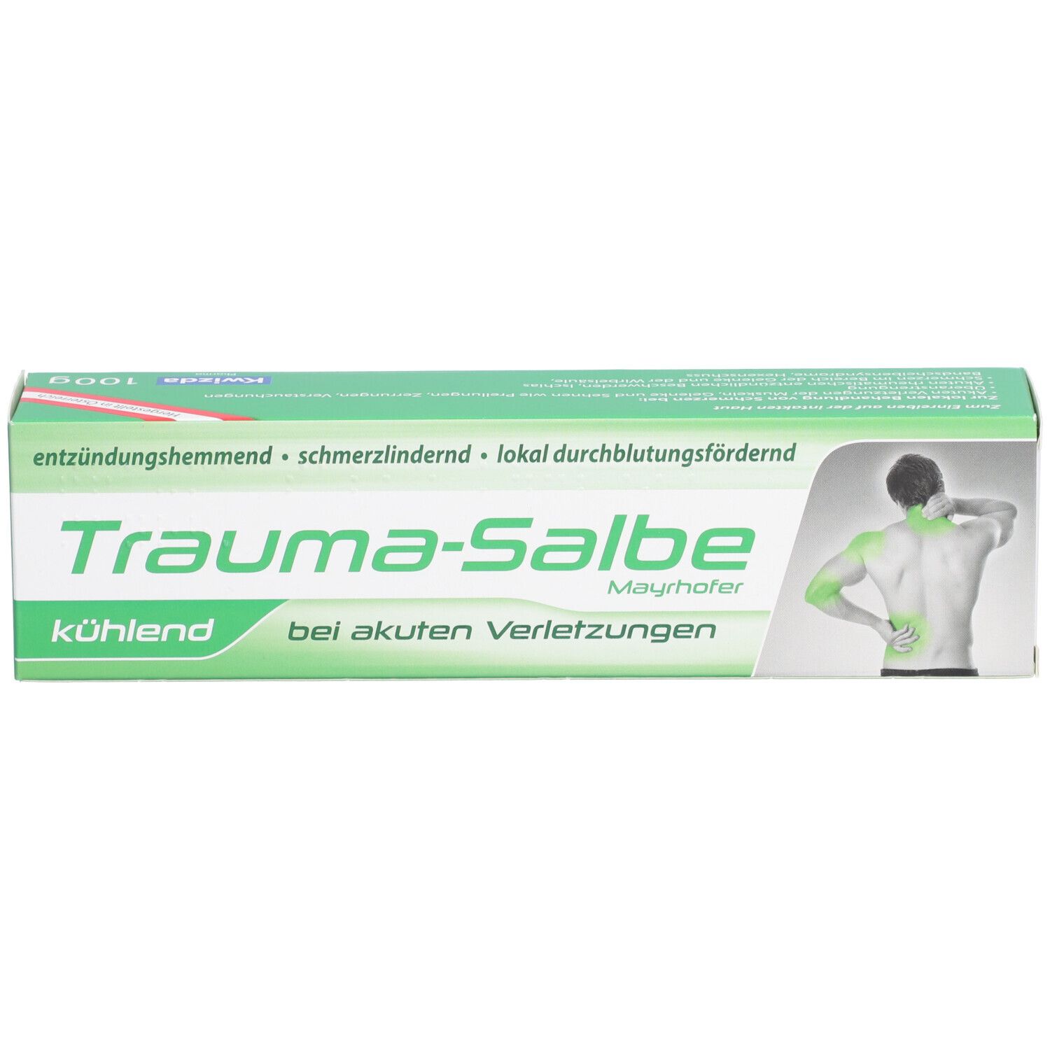 Packung Trauma-Salbe Mayrhofer. Grün-weißes Design. Aufschrift: Trauma-Salbe bei akuten Verletzungen. Abbildung einer Person.
