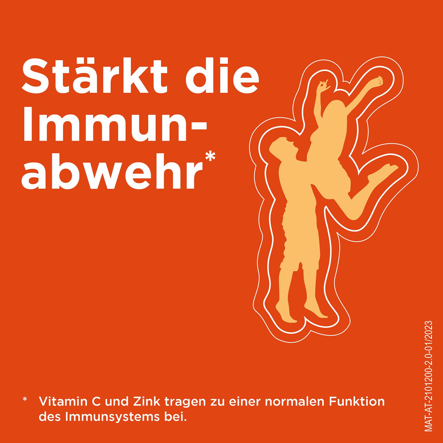 Orangefarbener Hintergrund mit Text: Stärkt die Immunabwehr. Darunter: Vitamin C und Zink tragen zu einer normalen Funktion bei.