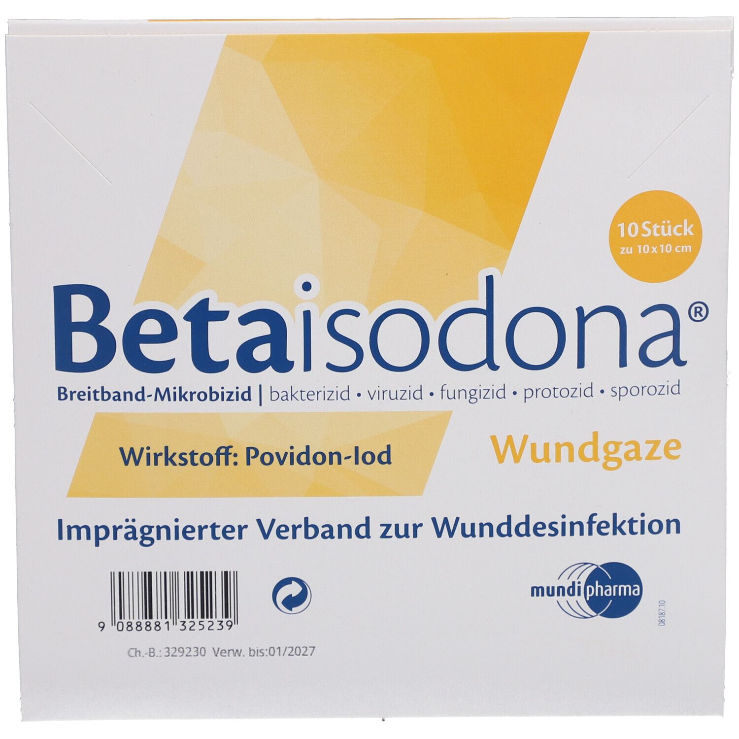 Verpackung von Betaisodona® Wundgaze. 10 Stück. Quadratische Form. Gelb-weiße Farbgebung. Text: "Wundgaze", "Povidon-Iod". Barcode.