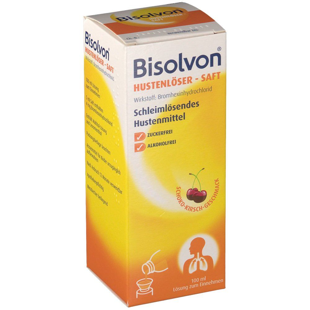 Karton mit Produktaufdruck. Schriftzug: Bisolvon Hustenlöser Saft. Kirsch-Geschmack. Zuckerfrei, alkoholfrei.