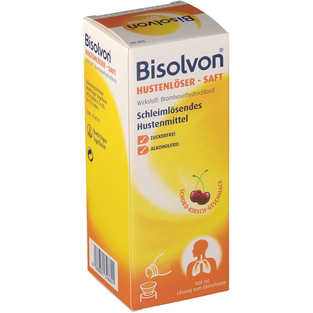 Karton mit Produktaufdruck. Schriftzug: Bisolvon Hustenlöser Saft. Kirsch-Geschmack. Zuckerfrei, alkoholfrei.