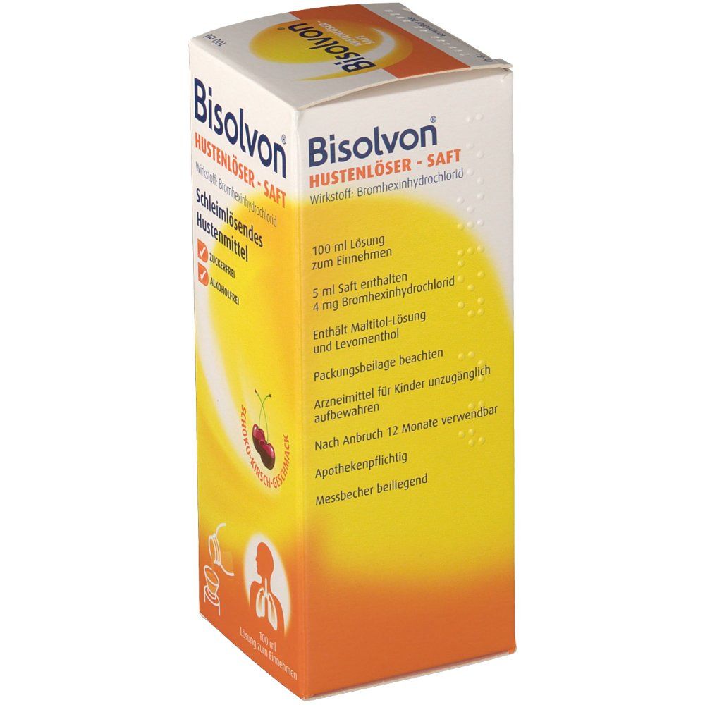 Karton mit Produktaufdruck. Schriftzug: Bisolvon Hustenlöser Saft. 100 ml Lösung. Enthält 5 ml Saft. Apothekenpflichtig.