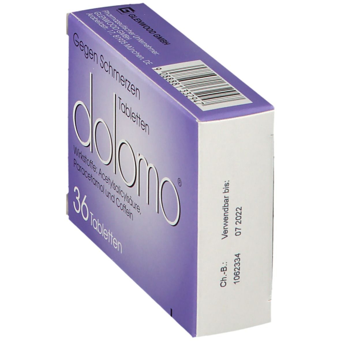 Tablettenbox "dolomo® gegen Schmerzen". Violett, 36 Tabletten. Wirkstoffe: Acetylsalicylsäure, Paracetamol und Coffein. Verfallsdatum: 07 2022.