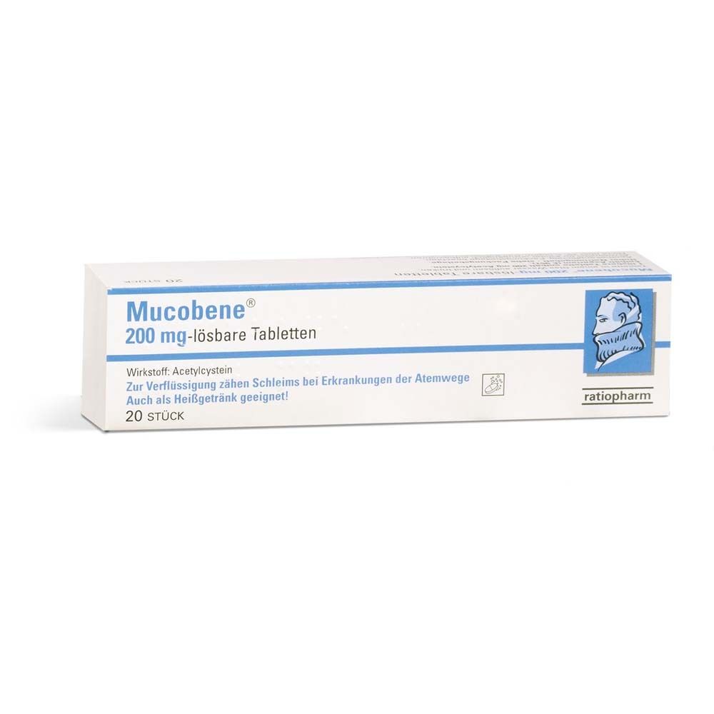 Schachtel mit Mucobene® 200 mg Tabletten. Weiß, blau beschriftet. Enthält 20 Tabletten. Marke ratiopharm.