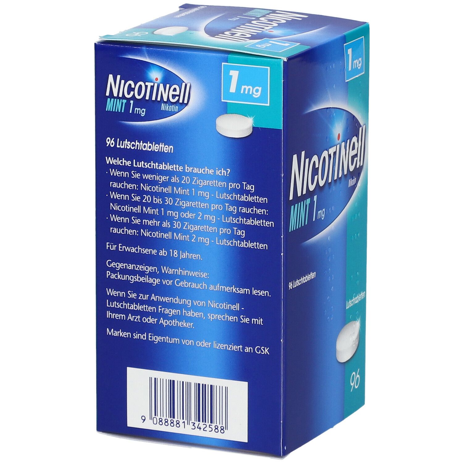 Blaue Schachtel mit "Nicotinell MINT 1 mg". Text: 96 Lutschtabletten. 1 mg. Barcode.
