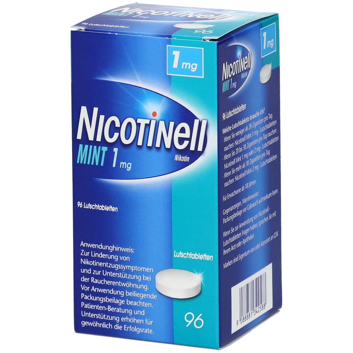 Blaue Schachtel mit "Nicotinell MINT 1 mg" und Tablette. 96 Lutschtabletten. 1 mg.