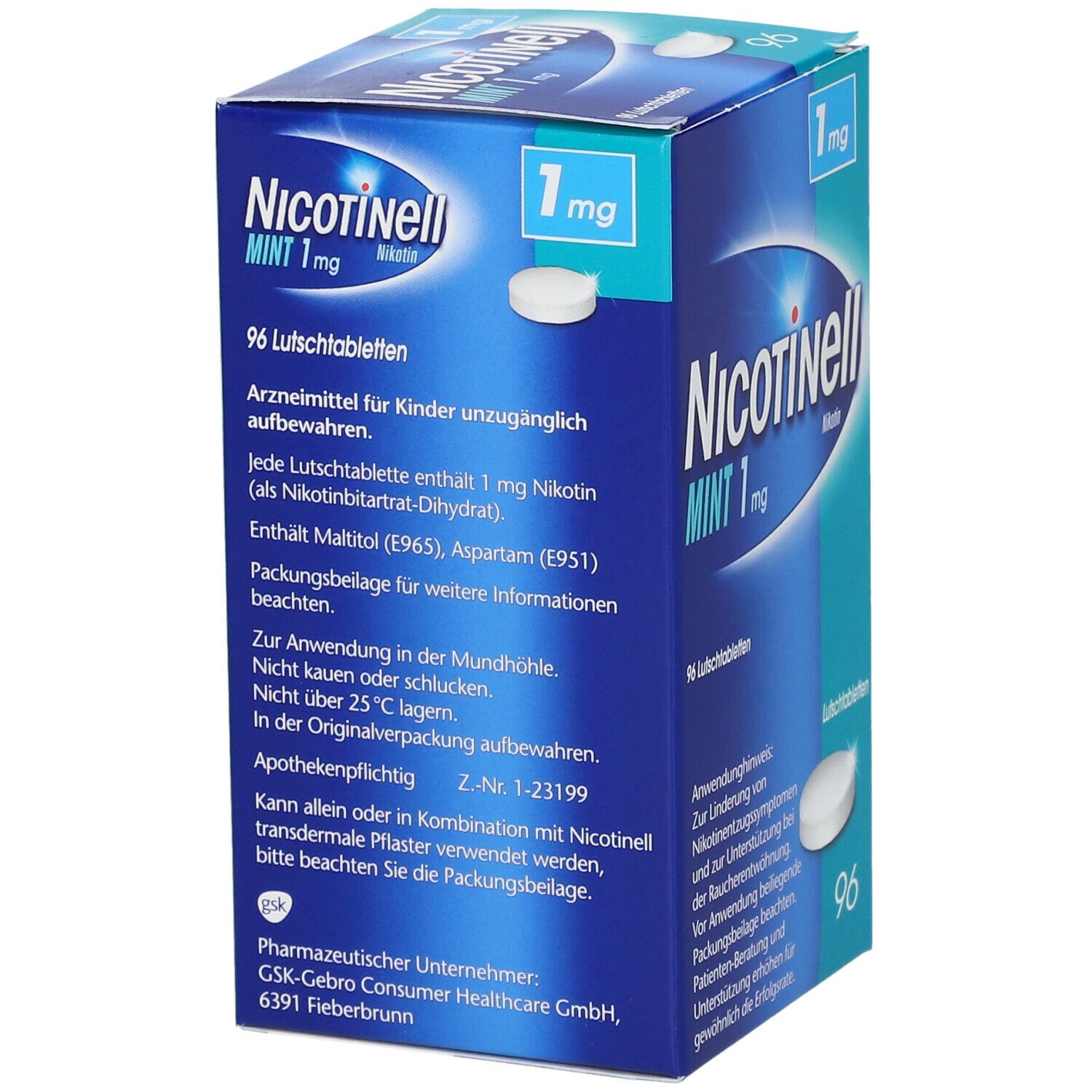 Blaue Schachtel mit "Nicotinell MINT 1 mg" und Tablette. 96 Lutschtabletten. 1 mg.