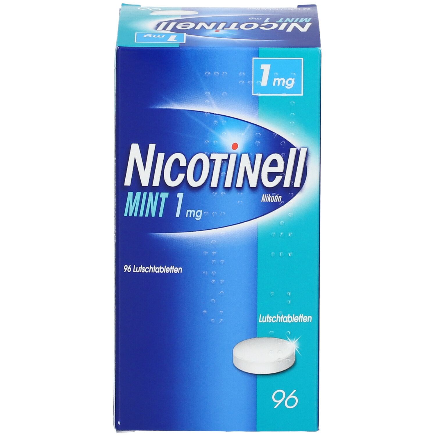 Blaue Schachtel mit "Nicotinell MINT 1 mg" und Tablette. 96 Lutschtabletten. 1 mg.