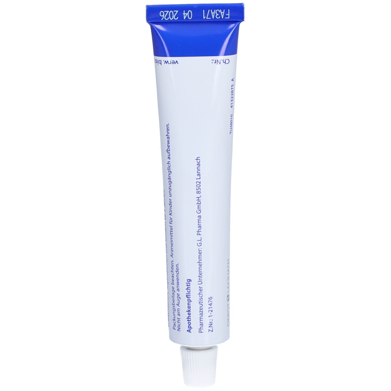 Rückseite der Creme-Tube. Enthält Informationen. Aufschrift: Apothekenpflichtig. Hersteller: G.L. Pharma GmbH. Verfallsdatum: 04 2026.