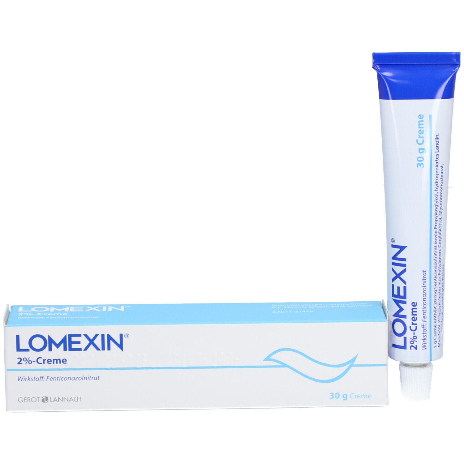 Produktverpackung und Tube. Verpackung: hellblau, weiß. Aufschrift: LOMEXIN 2%-Creme. Tube: blau-weiß. 30 g Creme. Wirkstoff: Fenticonazolnitrat.