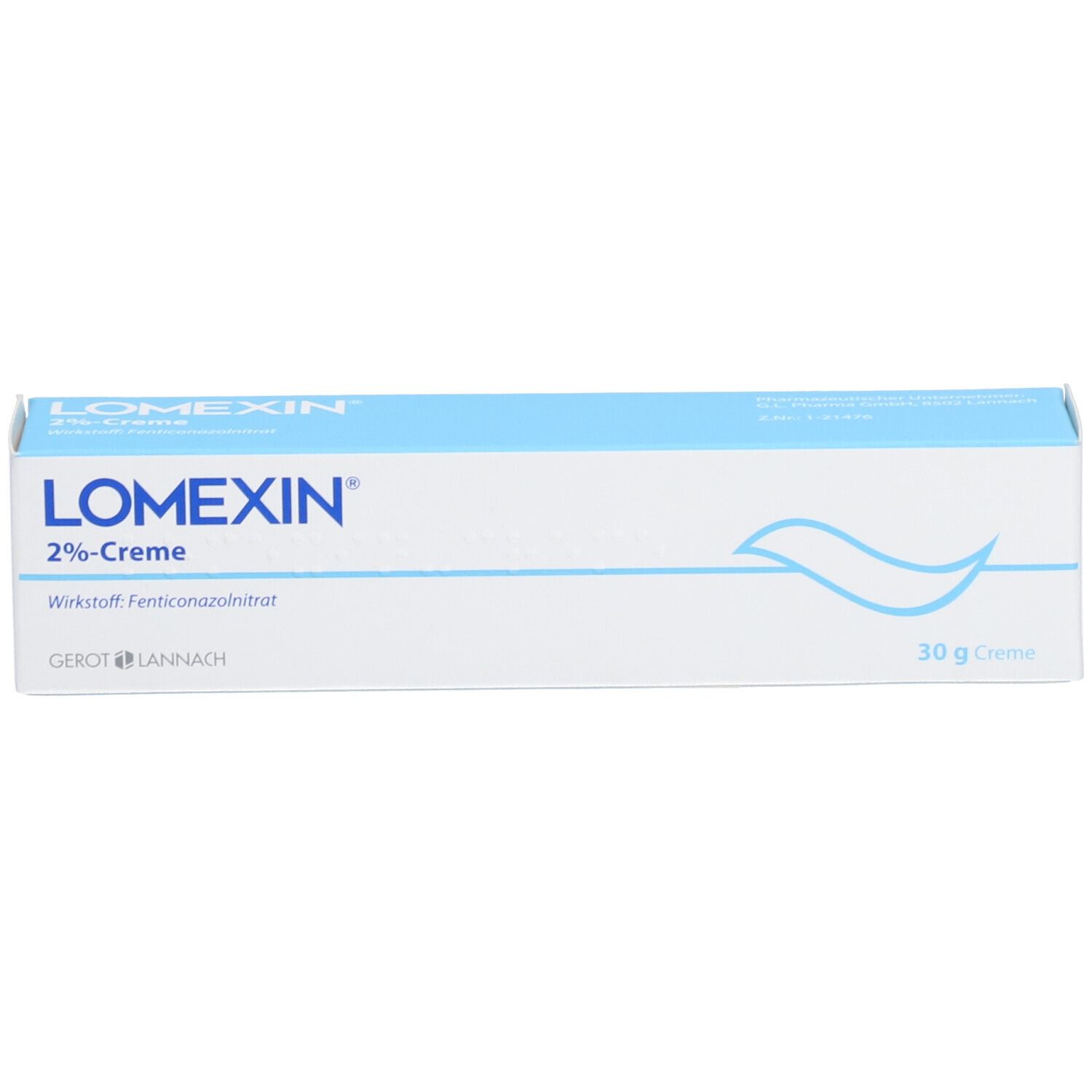 Hellblaue Produktverpackung. Aufschrift: LOMEXIN 2%-Creme. Wirkstoff: Fenticonazolnitrat. 30 g Creme. Weißer Wellen-Grafik.