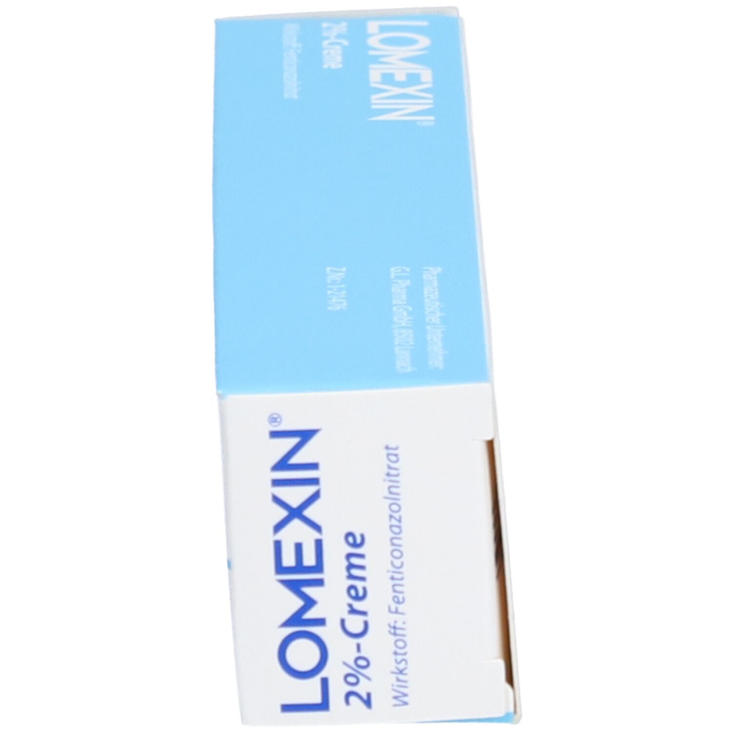 Seitenansicht der Produktverpackung. Aufschrift: LOMEXIN 2%-Creme. Wirkstoff: Fenticonazolnitrat. Apothekenpflichtig.