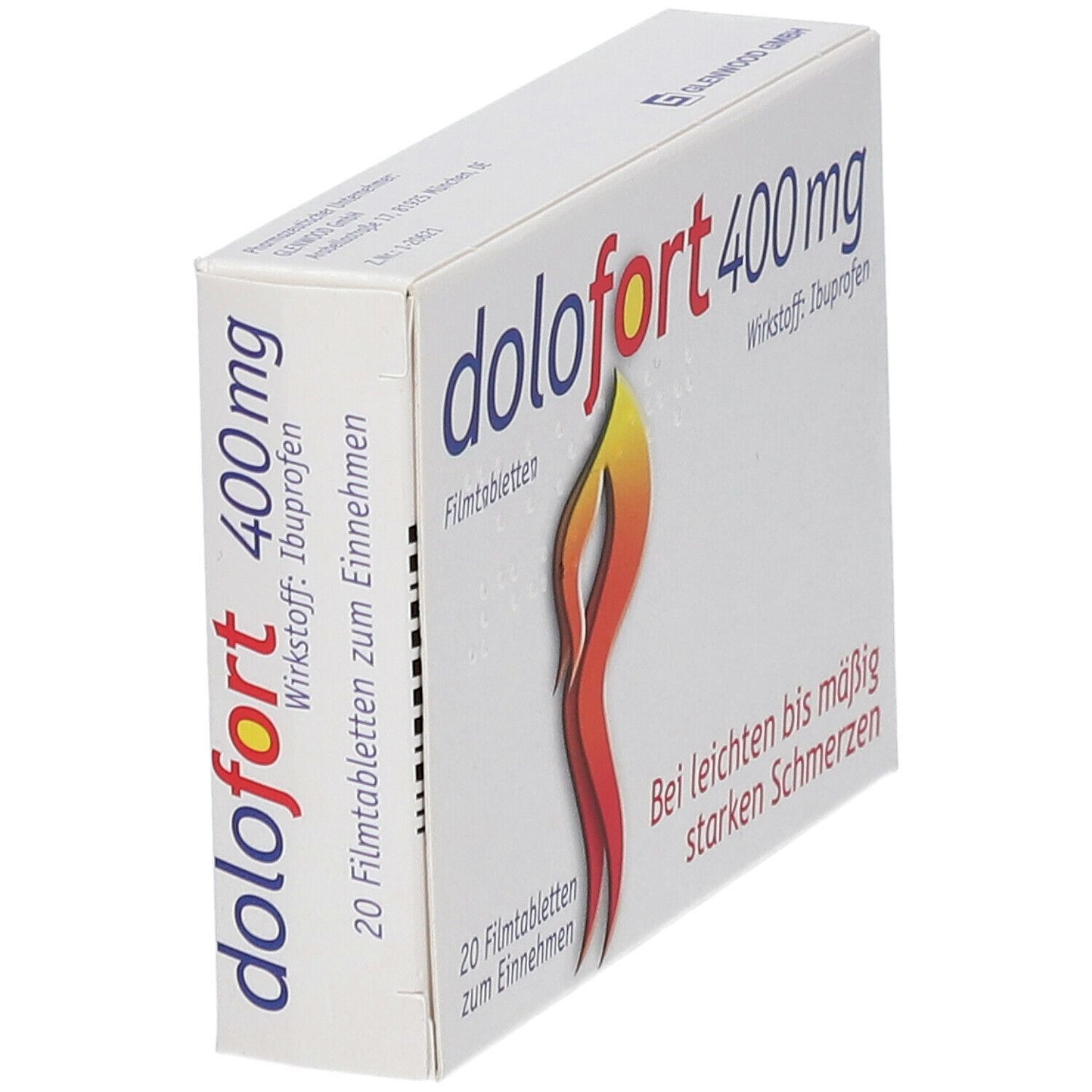 Schachtel mit dolofort 400 mg Filmtabletten. Aufschrift: Wirkstoff Ibuprofen. 20 Filmtabletten. Bei leichten bis mäßig starken Schmerzen.