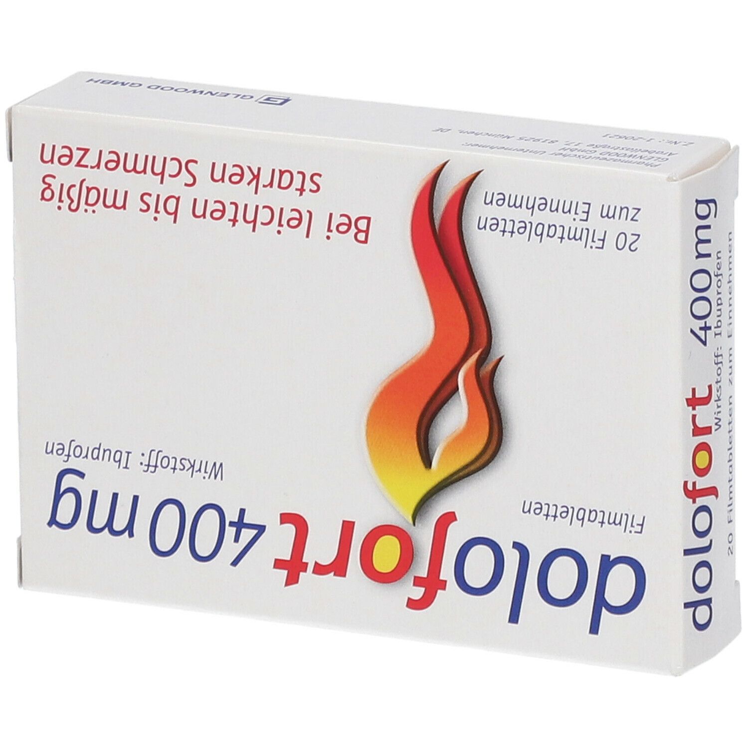 Schachtel mit dolofort 400 mg Filmtabletten. Aufschrift: Wirkstoff Ibuprofen. 20 Filmtabletten. Bei leichten bis mäßig starken Schmerzen.