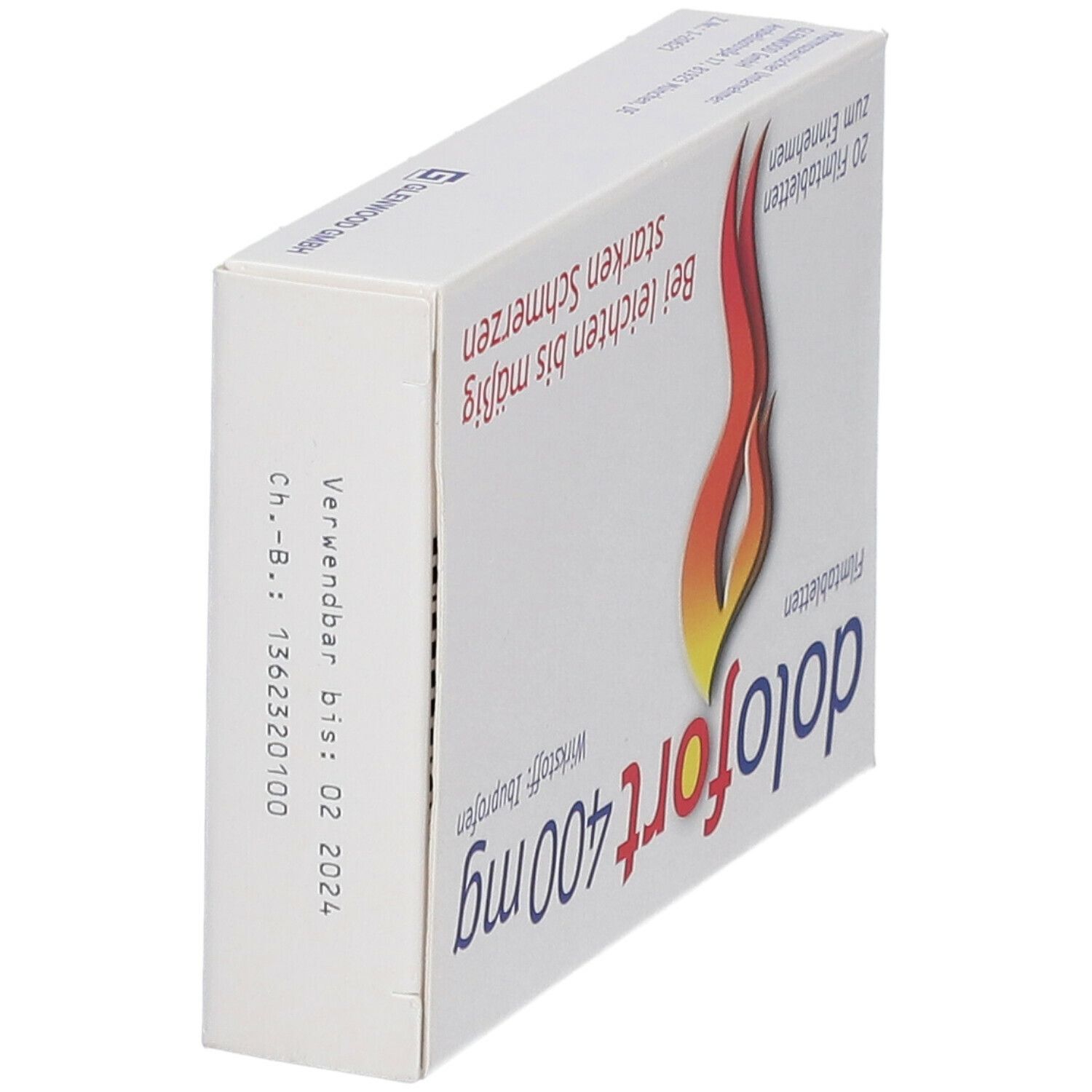 Schachtel mit dolofort 400 mg Filmtabletten. Aufschrift: Wirkstoff Ibuprofen. 20 Filmtabletten. Bei leichten bis mäßig starken Schmerzen.