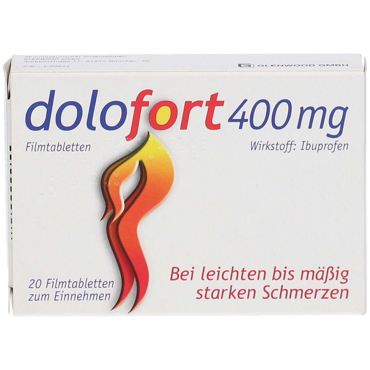 Schachtel mit dolofort 400 mg Filmtabletten. Aufschrift: Wirkstoff Ibuprofen. 20 Filmtabletten. Bei leichten bis mäßig starken Schmerzen.
