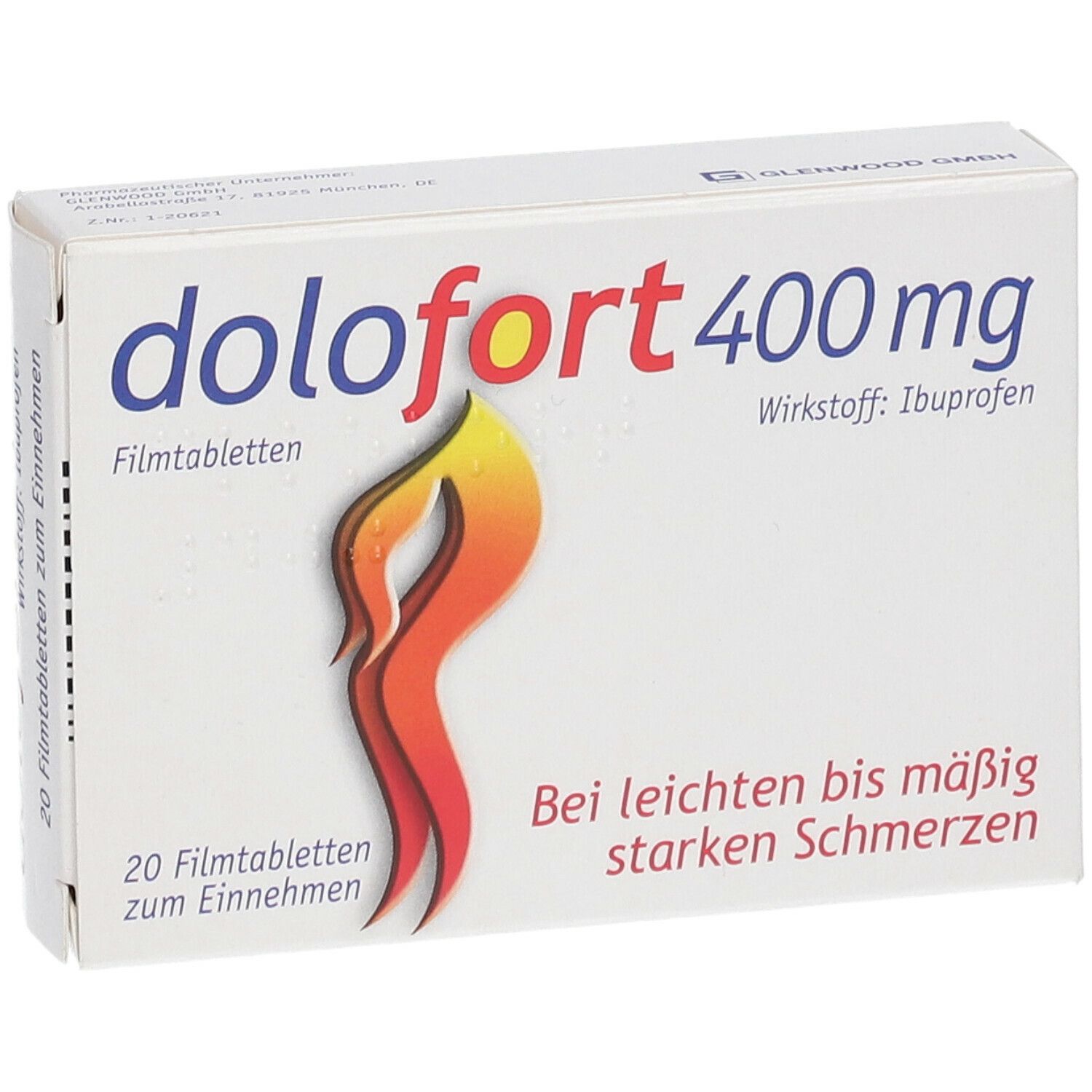 Schachtel mit dolofort 400 mg Filmtabletten. Aufschrift: Wirkstoff Ibuprofen. 20 Filmtabletten. Bei leichten bis mäßig starken Schmerzen.