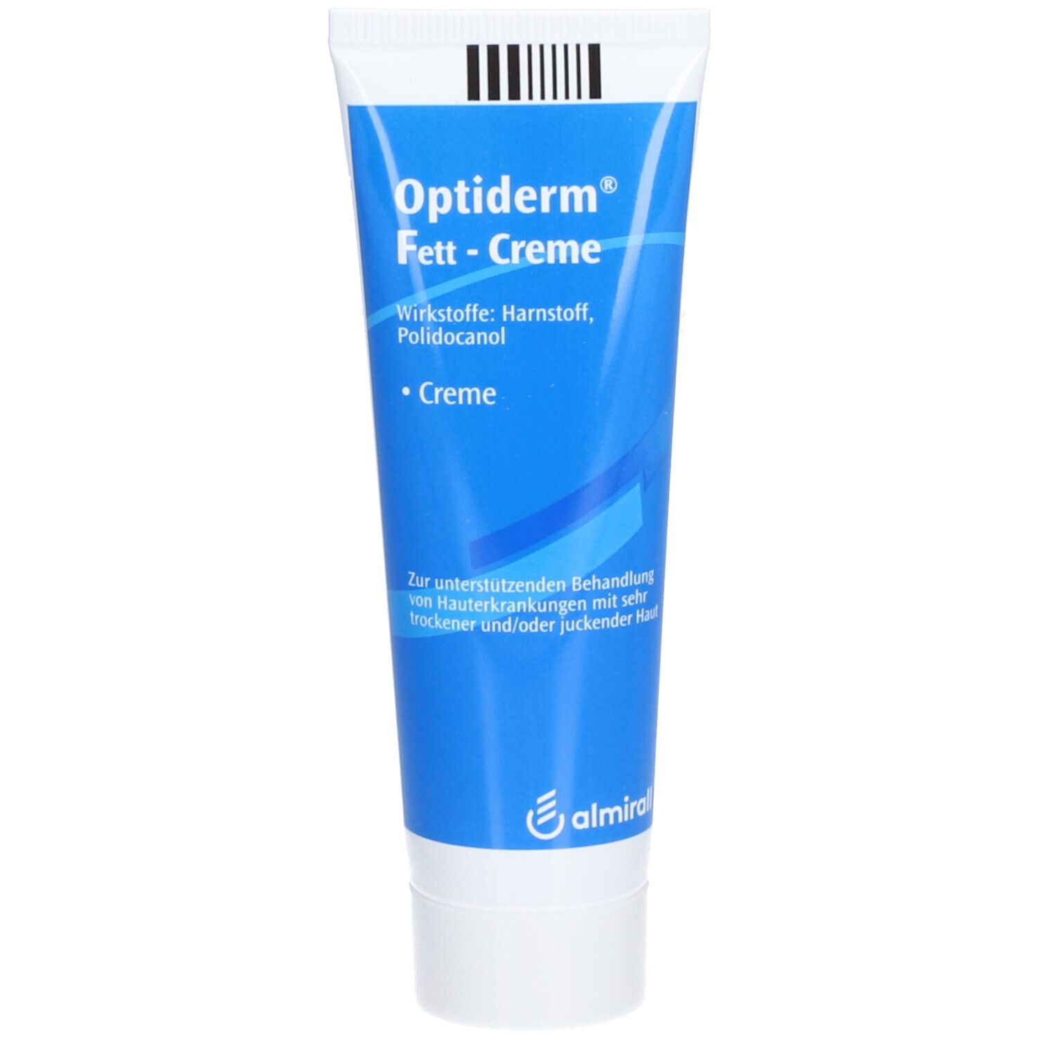 Blaue Tube Optiderm® Fett-Creme. Enthält Harnstoff und Polidocanol. Text auf Deutsch. Weiße Kappe.