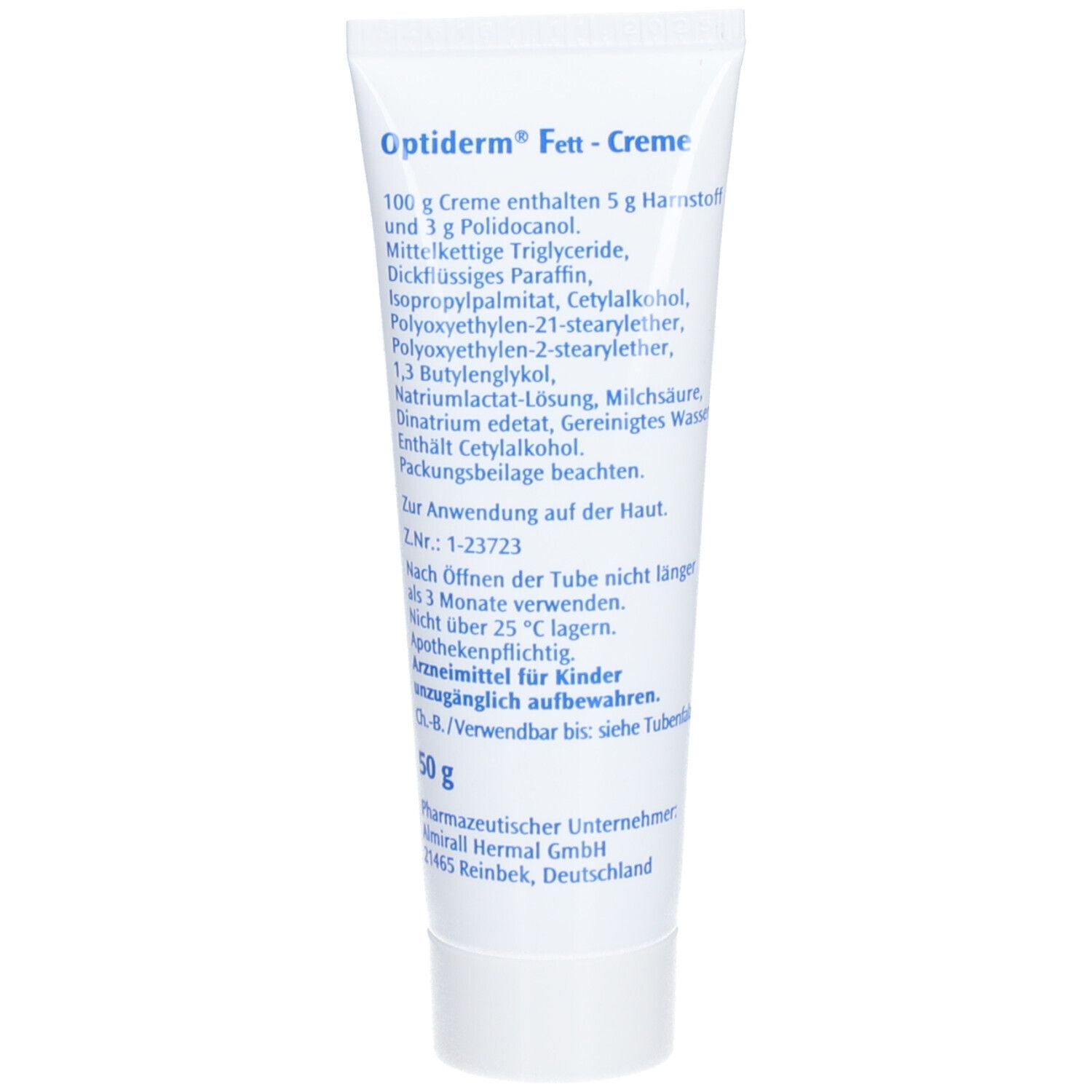 Rückseite der Optiderm® Fett-Creme Tube. Text in Deutsch. Inhaltsstoffe, Anwendungshinweise und Herstellerinformationen.