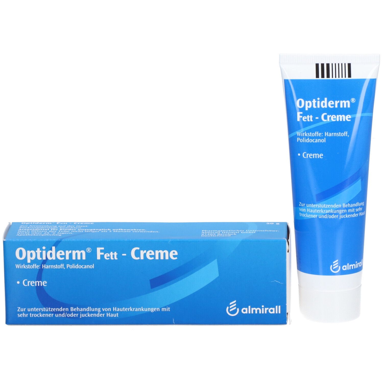 Optiderm® Fett-Creme Tube und Schachtel. Blaue Verpackung mit Produktnamen und Text auf Deutsch. Almirall Logo.