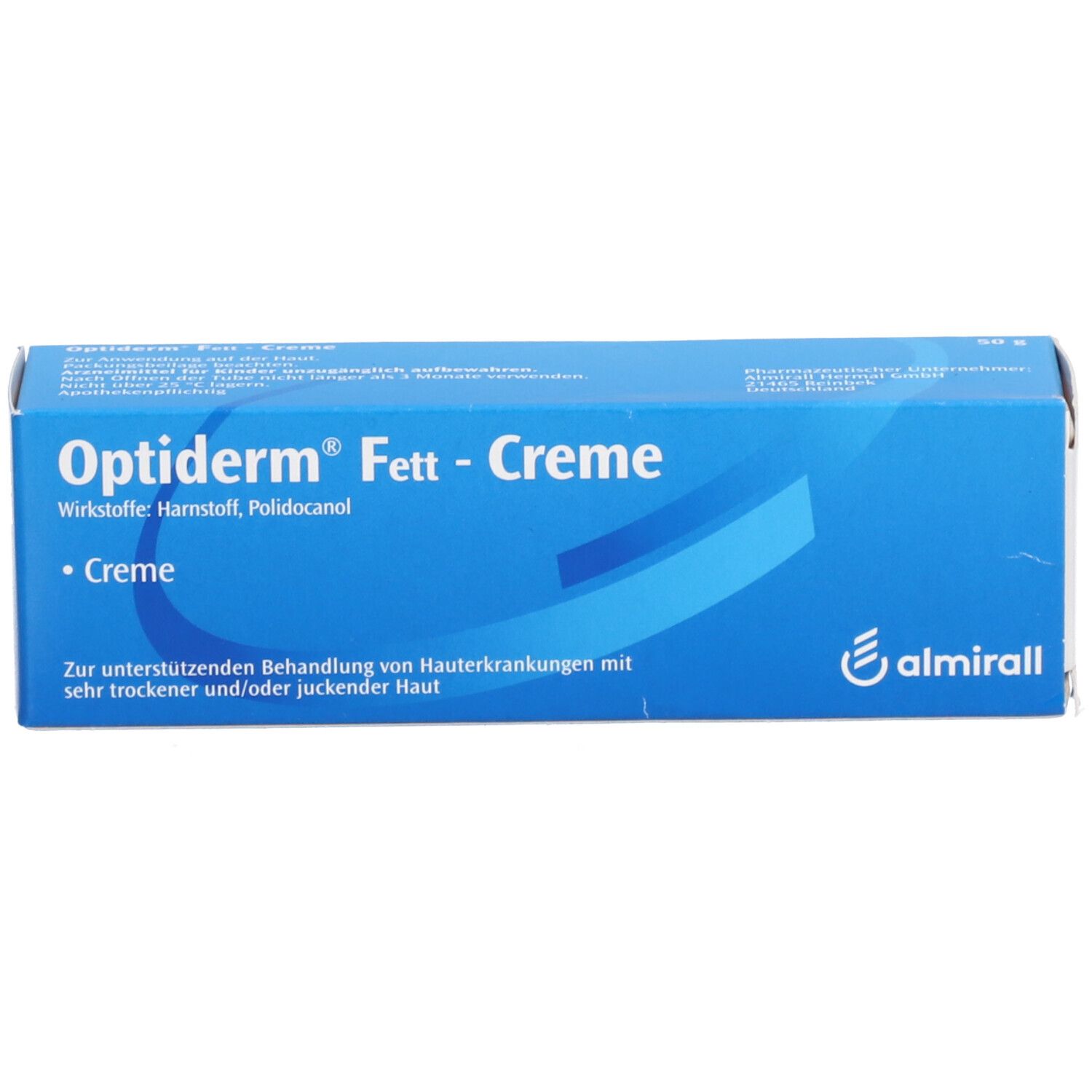 Blaue Schachtel Optiderm® Fett-Creme. Produktname und Text auf Deutsch. Almirall Logo. Enthält Creme.