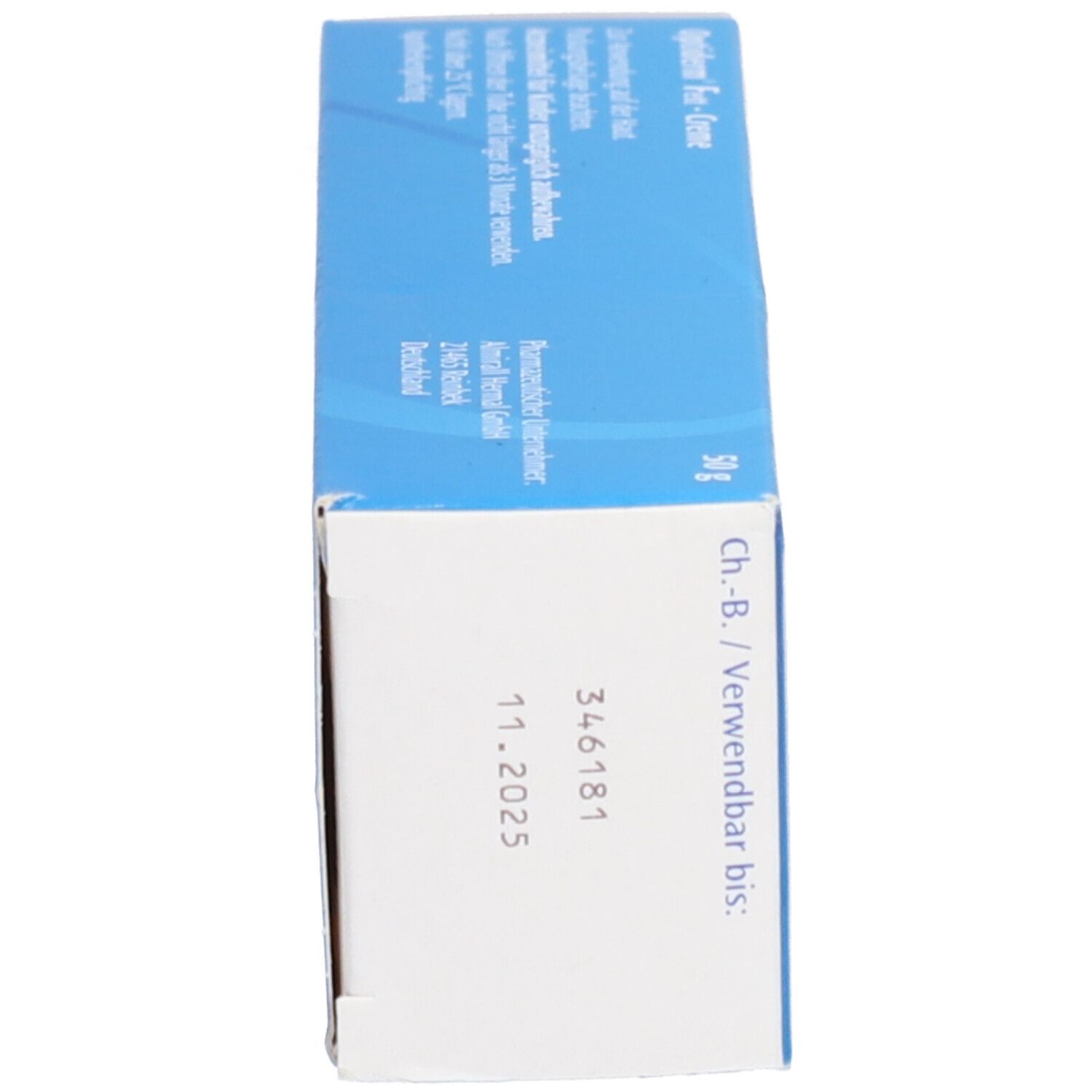 Blaue Schachtel Optiderm® Fett-Creme. Unterseite. Verfallsdatum 11.2025. Chargennummer 346181. 50 g.