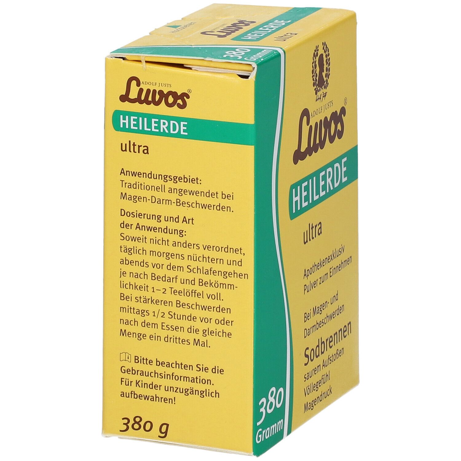 Gelbe Schachtel "Luvos Heilerde ultra". Text: "Anwendungsgebiet: Magen-Darm-Beschwerden". 380 g. Grün-weiße Ecke.