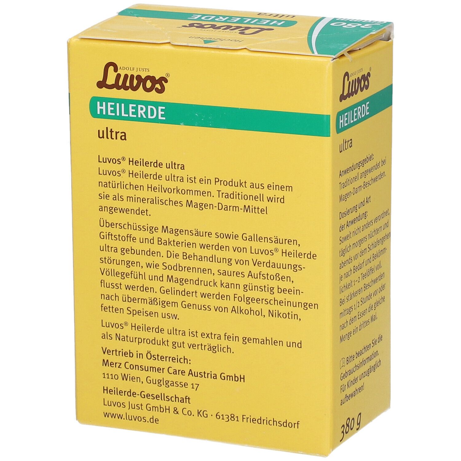 Gelbe Schachtel "Luvos Heilerde ultra". Text: "Luvos Heilerde ultra ist ein Produkt..." und "Vertrieb in Österreich".