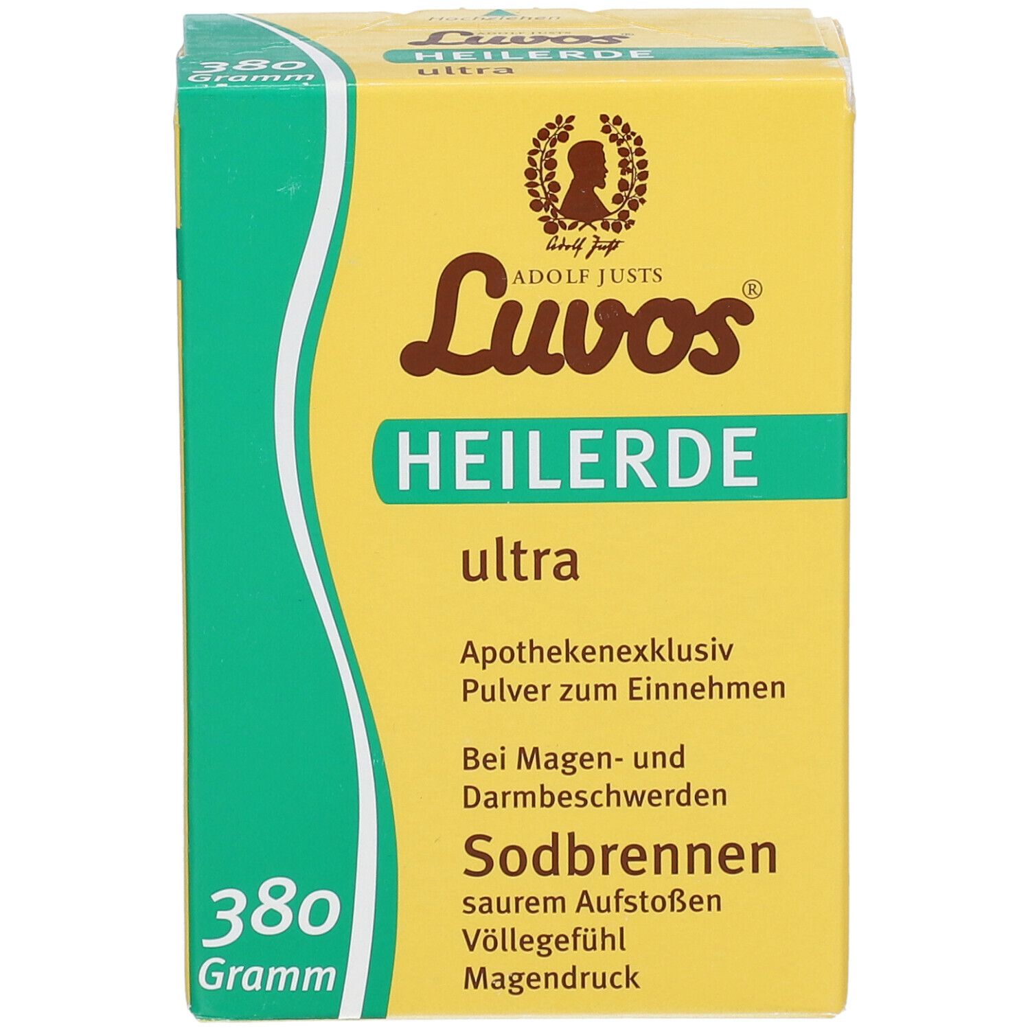 Gelbe Schachtel "Luvos Heilerde ultra". Text: "Apothekenexklusiv", "Bei Magen- und Darmbeschwerden", "Sodbrennen".