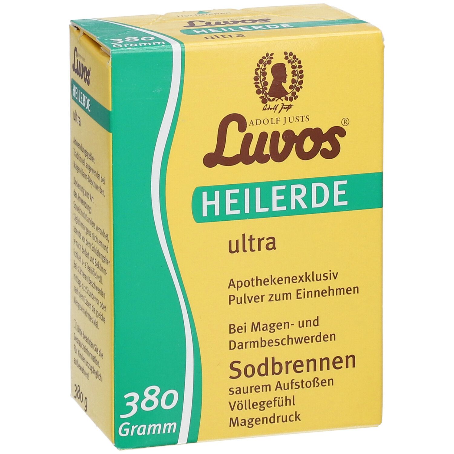 Gelbe Schachtel "Luvos Heilerde ultra". Text: "Apothekenexklusiv", "Bei Magen- und Darmbeschwerden", "Sodbrennen". 380g.