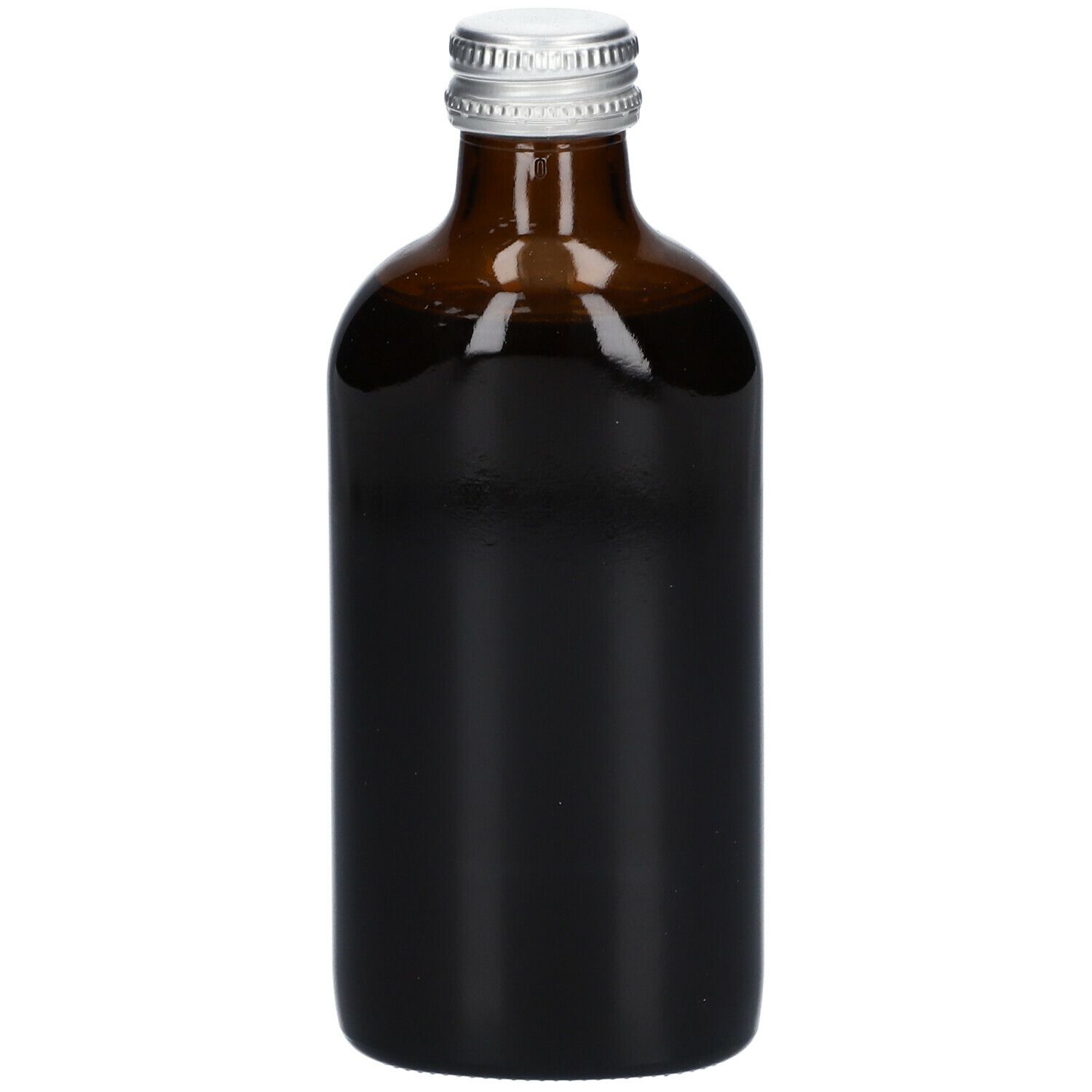 Braune Glasflasche mit silbernem Verschluss. Flüssigkeit im Inneren sichtbar.