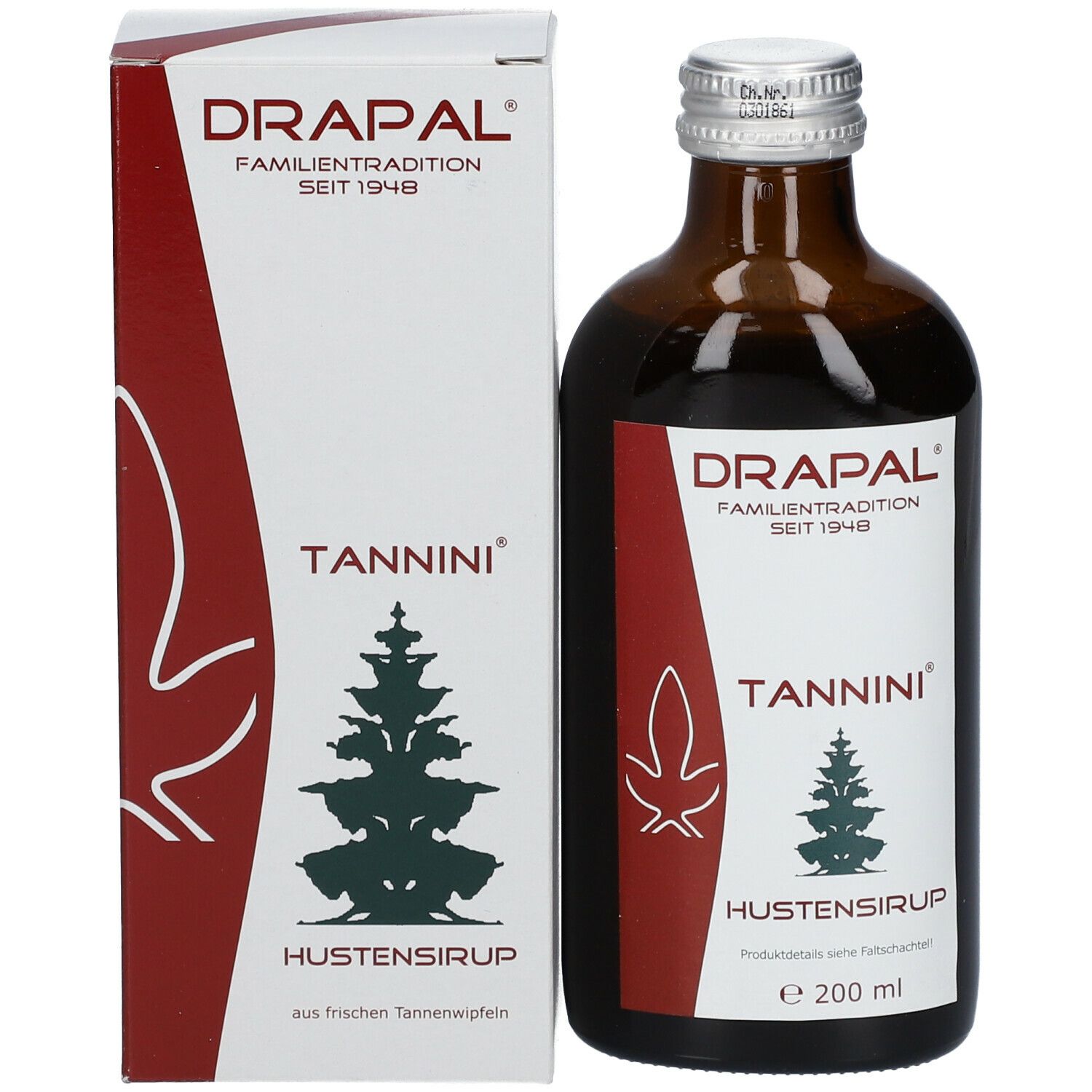 Produktflasche und Verpackung nebeneinander. Verpackung weiß mit rotem Akzent. Flasche mit Etikett.