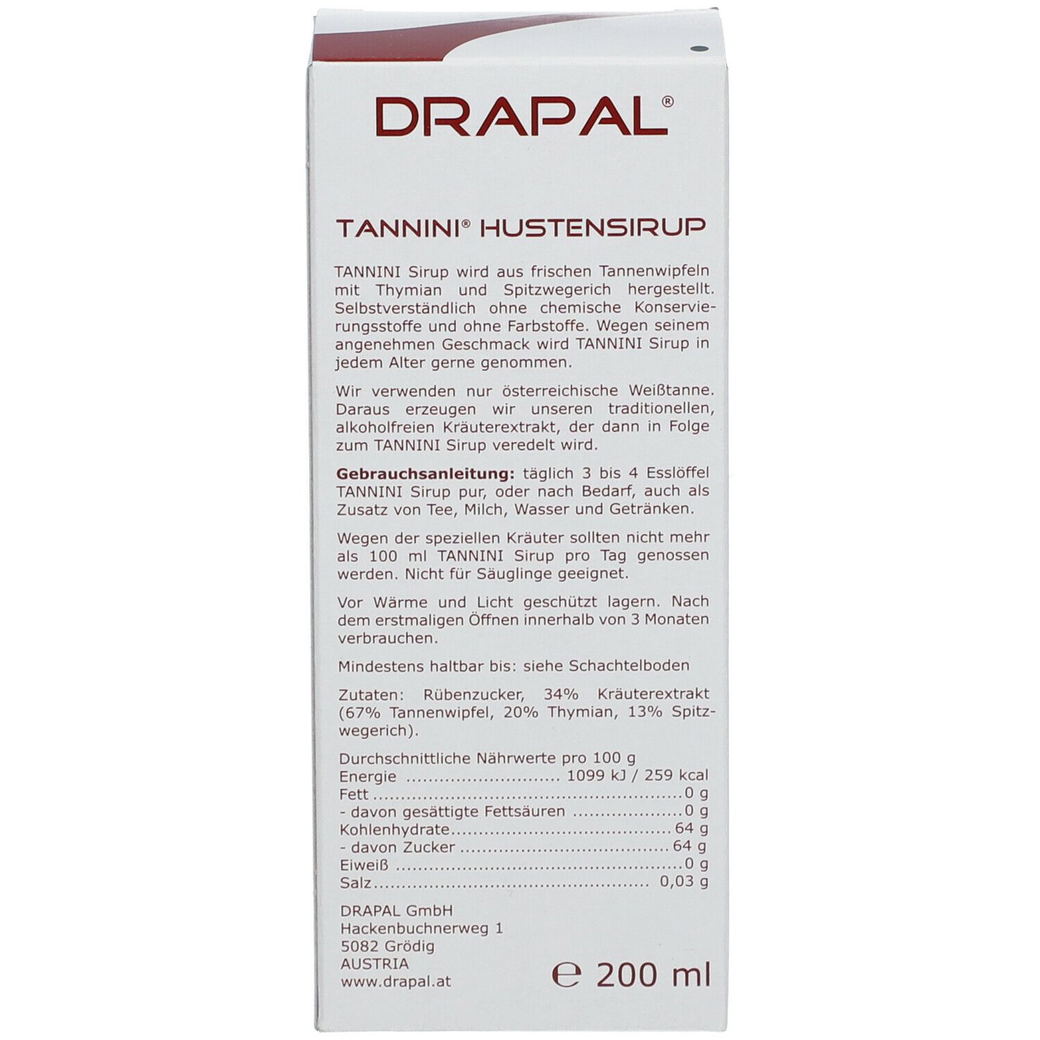 Weiße Verpackung mit Text und Nährwertangaben. Produktname und Logo.