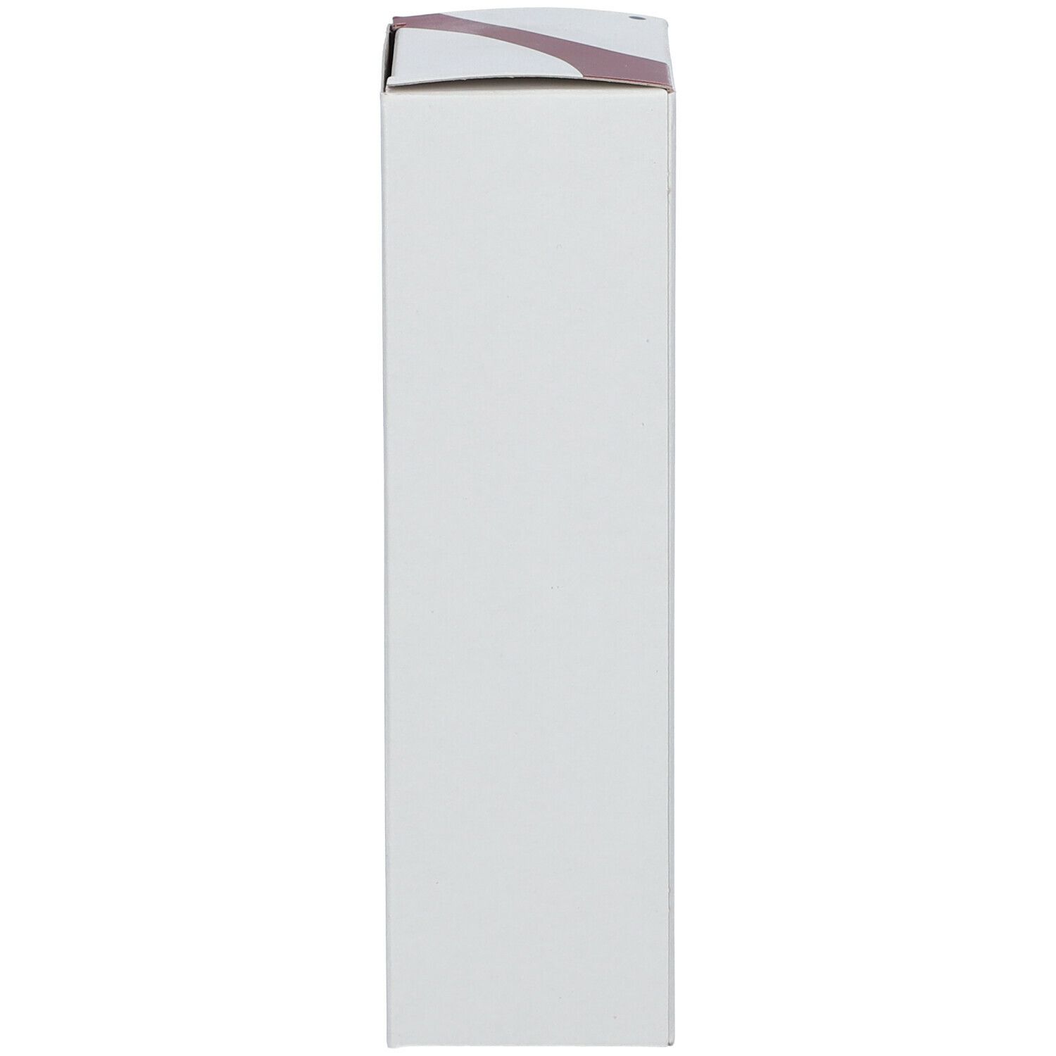 Seitenansicht der weißen Verpackung. Minimalistisches Design mit rotem Akzent.