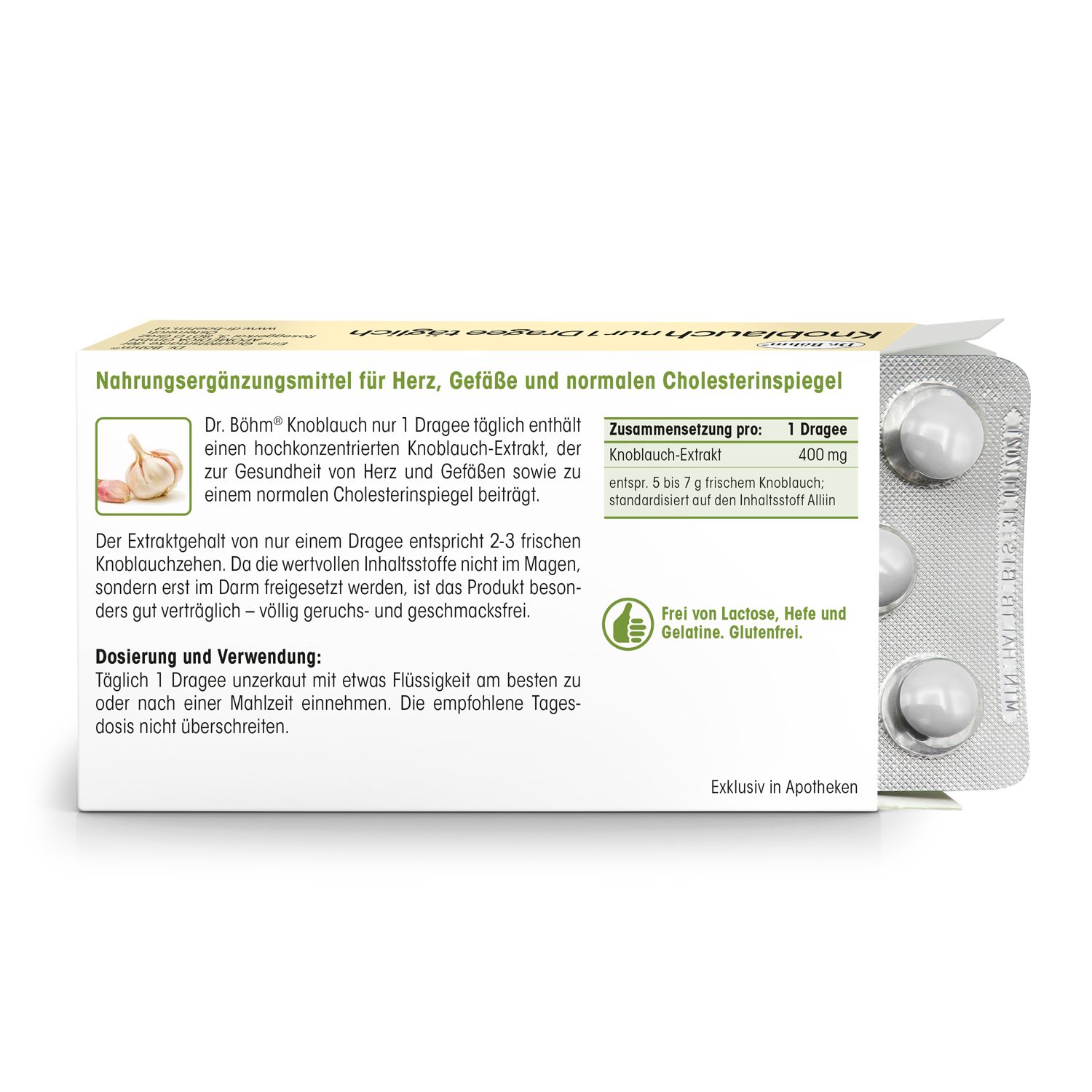 Rückseite der Dr. Böhm Knoblauch-Verpackung. Text: Nahrungsergänzungsmittel, Zusammensetzung, Dosierung, Inhaltsstoffe, Hinweise.