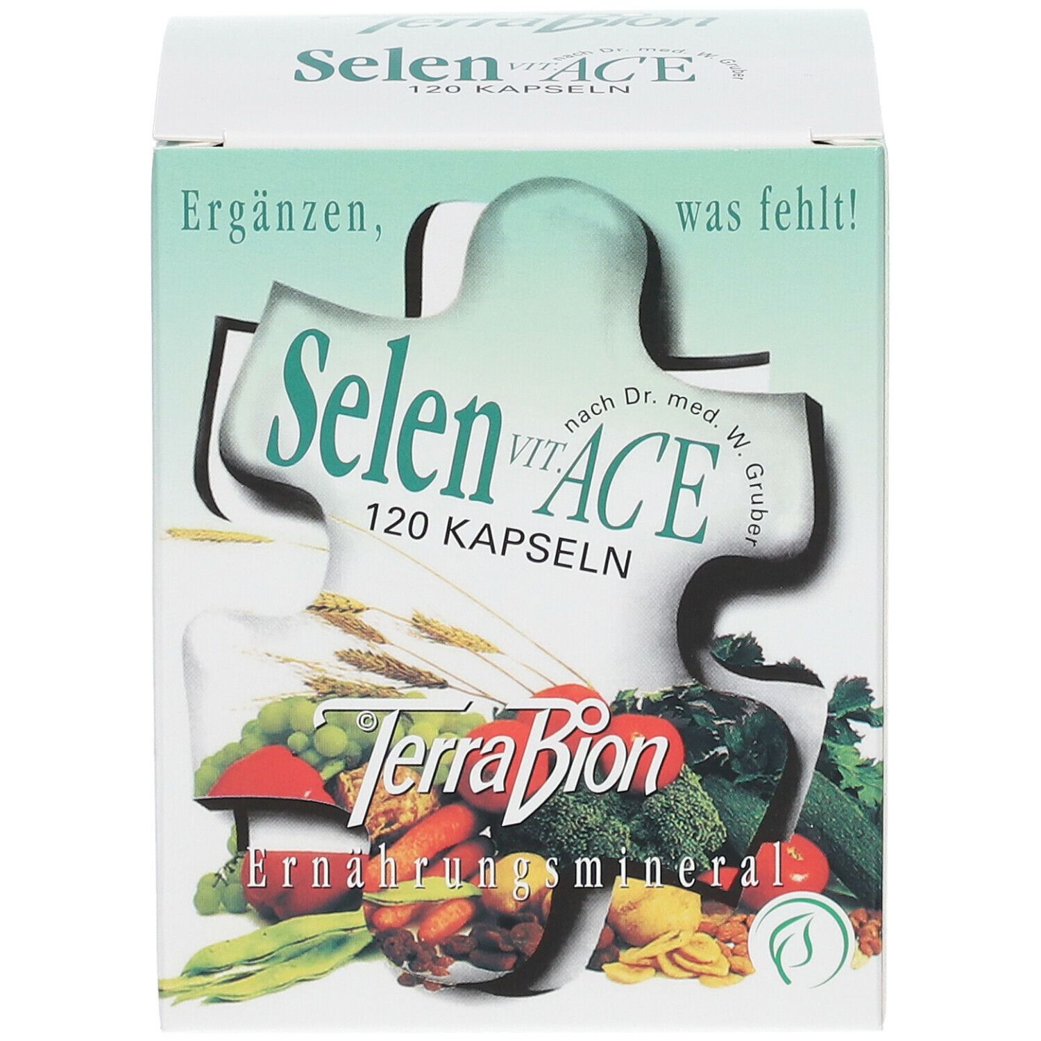 Karton Selen Vit ACE, 120 Kapseln. Puzzle-Design mit Gemüse. Terra Bion, Nahrungsergänzungsmittel.