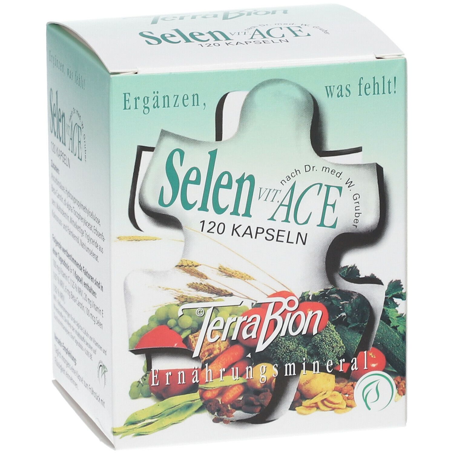 Karton Selen Vit ACE, 120 Kapseln. Puzzle-Design mit Gemüse. Terra Bion, Nahrungsergänzungsmittel.