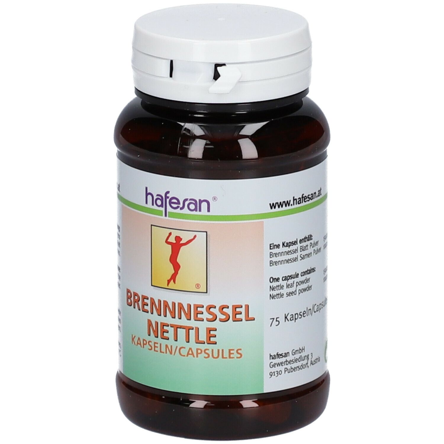 Braune Flasche mit weißem Deckel. Aufschrift: Brennnessel Kapseln/Capsules. Marke: hafesan. Enthält 75 Kapseln.