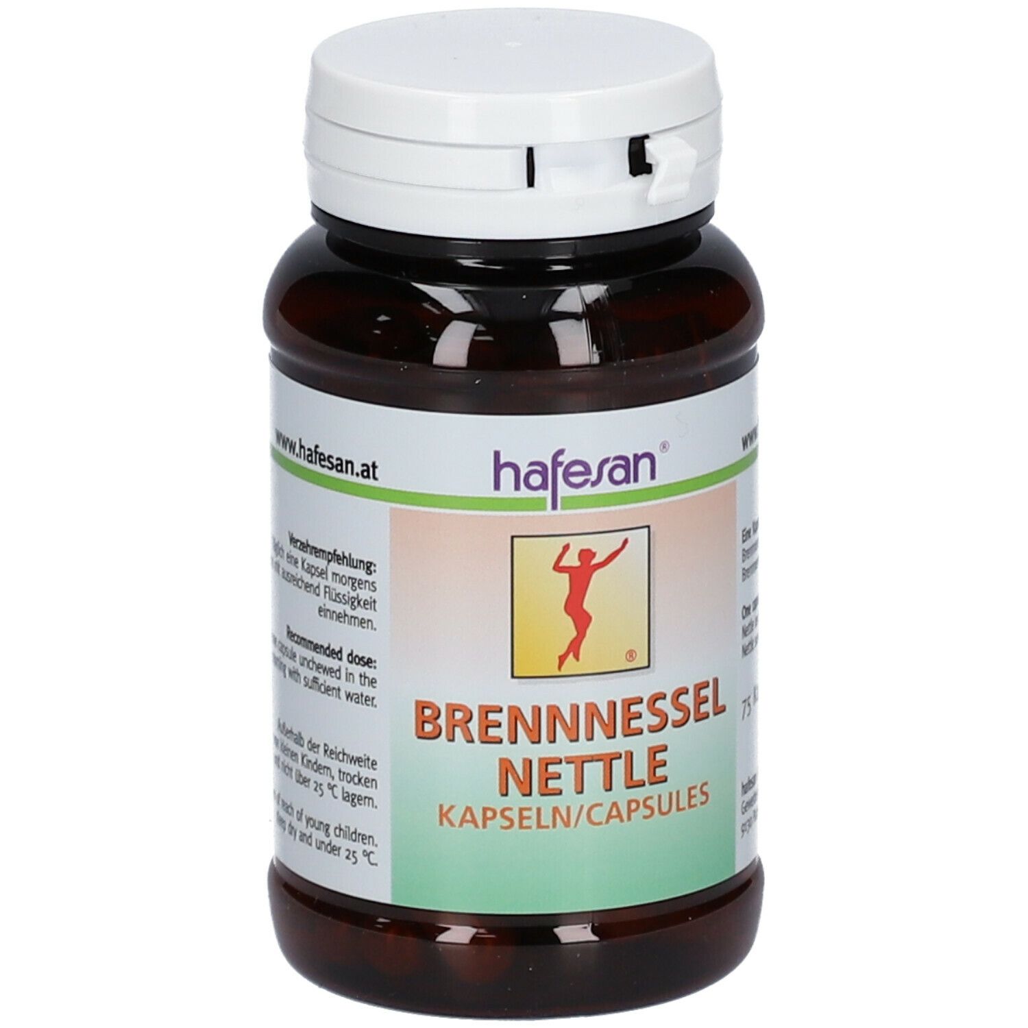 Braune Flasche mit weißem Deckel. Aufschrift: Brennnessel Kapseln/Capsules. Marke: hafesan. Enthält 75 Kapseln.