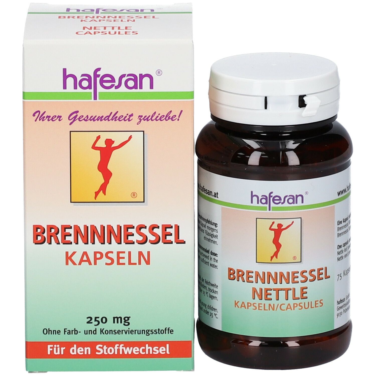 Produktverpackung und Flasche. Aufschrift: Brennnessel Kapseln, 250 mg. Marke: hafesan. Enthält 75 Kapseln.