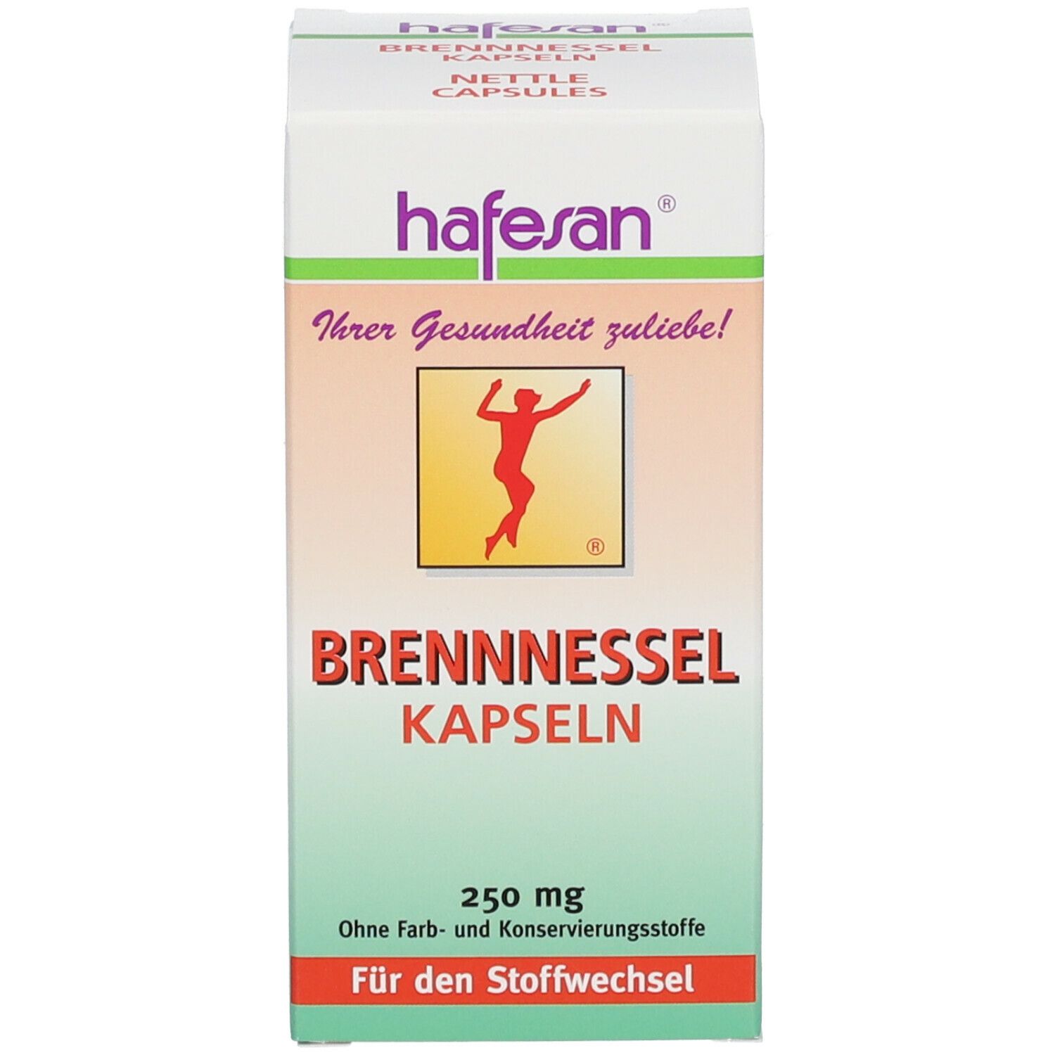 Produktverpackung. Aufschrift: Brennnessel Kapseln, 250 mg. Marke: hafesan. Enthält 75 Kapseln.