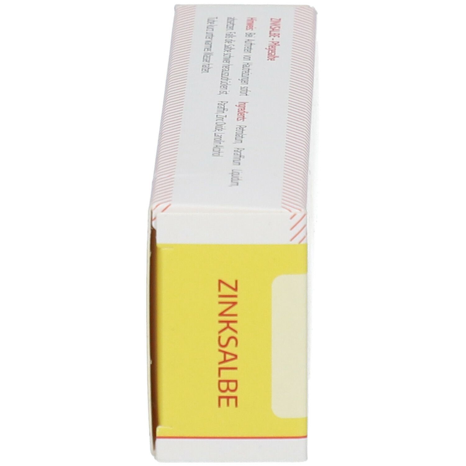 Schachtel, Seitenansicht. Aufdruck: Zinksalbe, gelber Streifen, roter Streifen. Text in Deutsch.