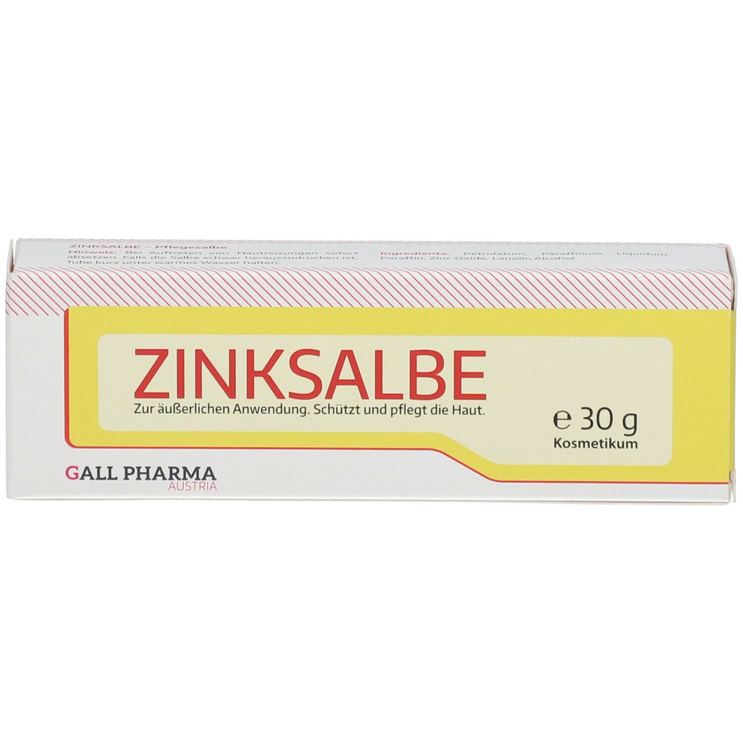 Weiße Schachtel mit gelbem Streifen. Aufdruck: Zinksalbe, e 30 g, Gall Pharma. Text in Deutsch.